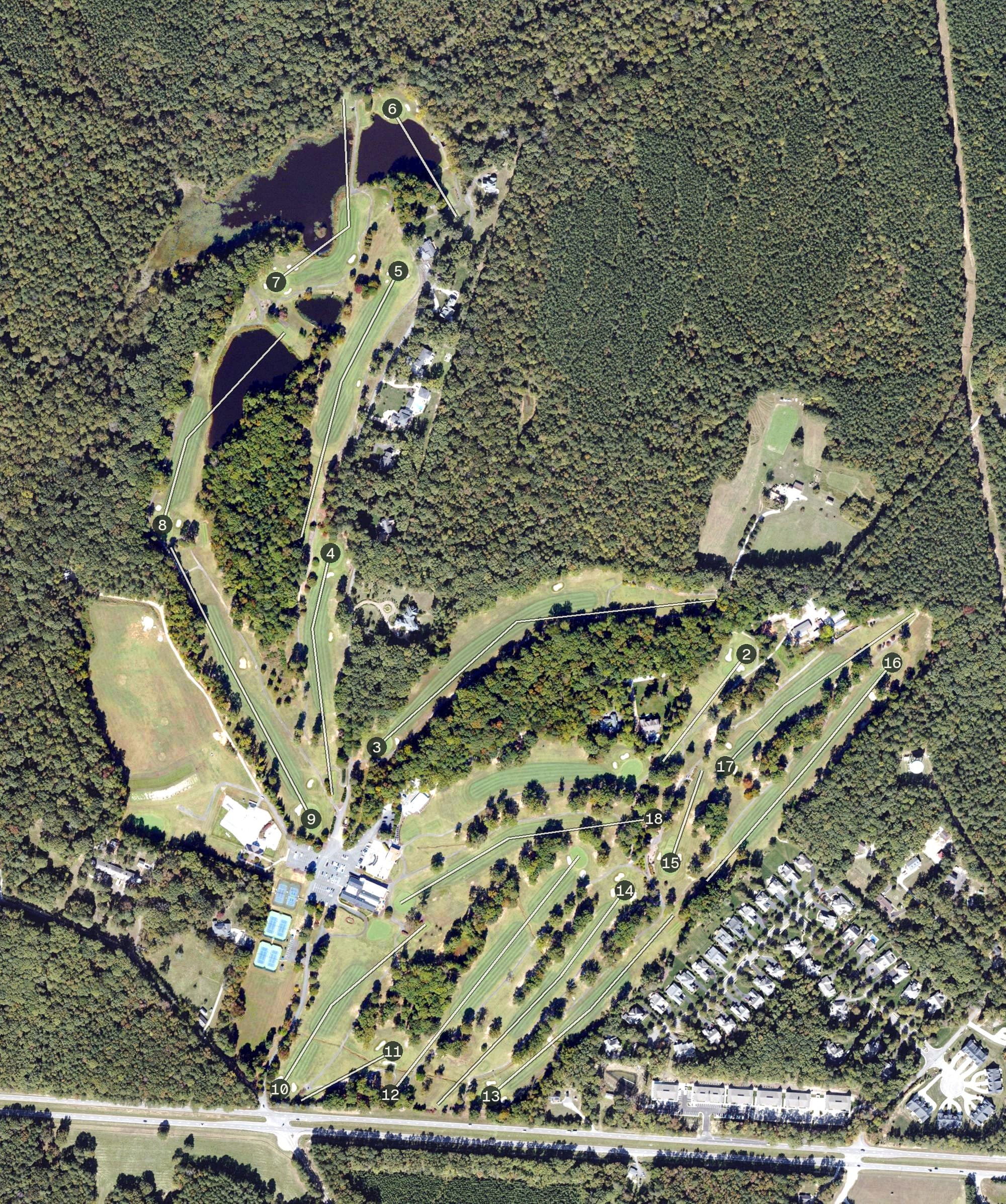 Aerial view of Richmond Country Club Golf Course, VA, with its hole routing marked