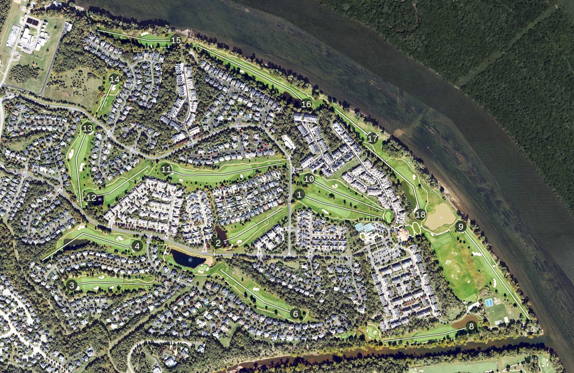 Aerial view of River Creek Golf Course, VA, with its hole routing marked