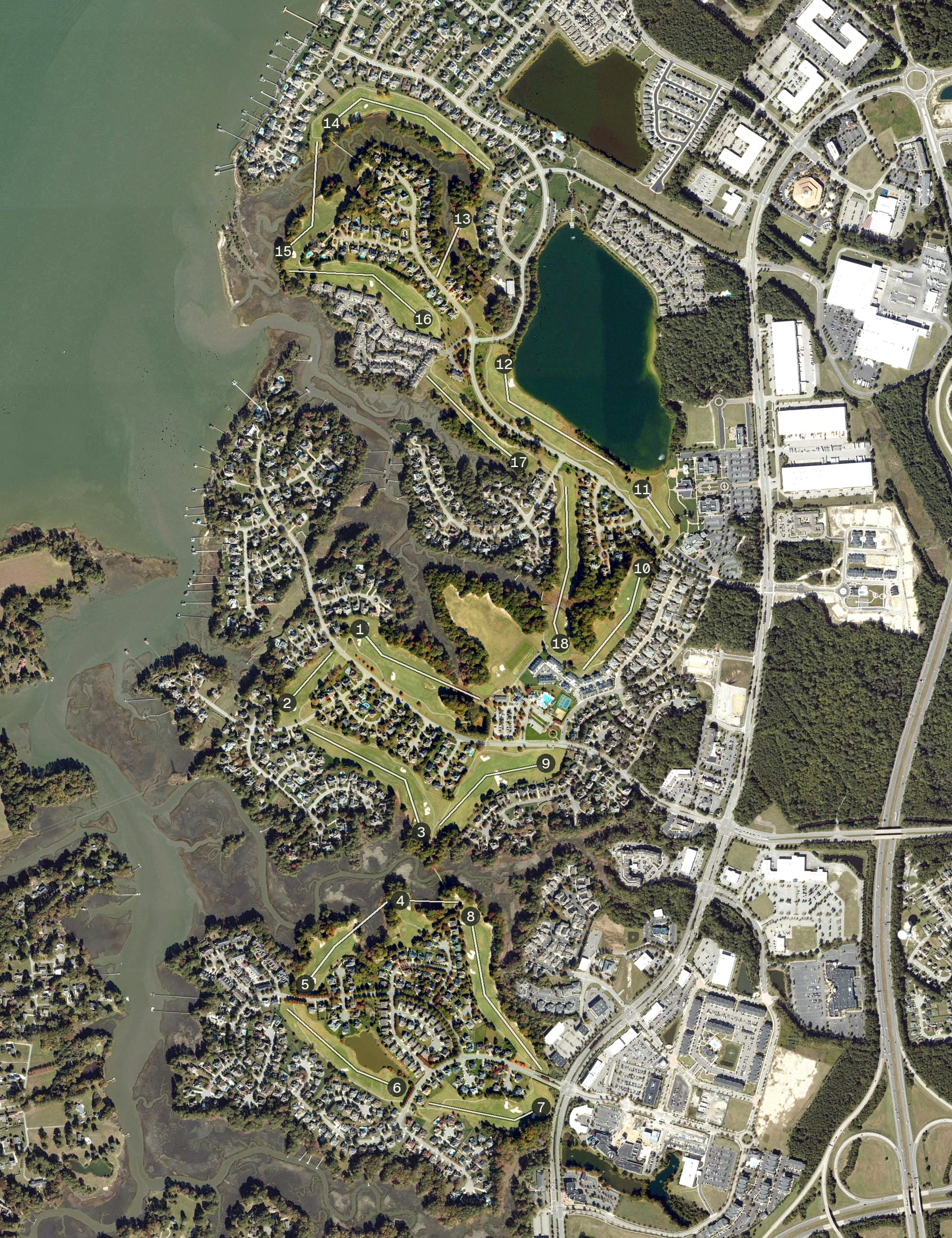 Aerial view of Riverfront Golf Club, VA, with its hole routing marked