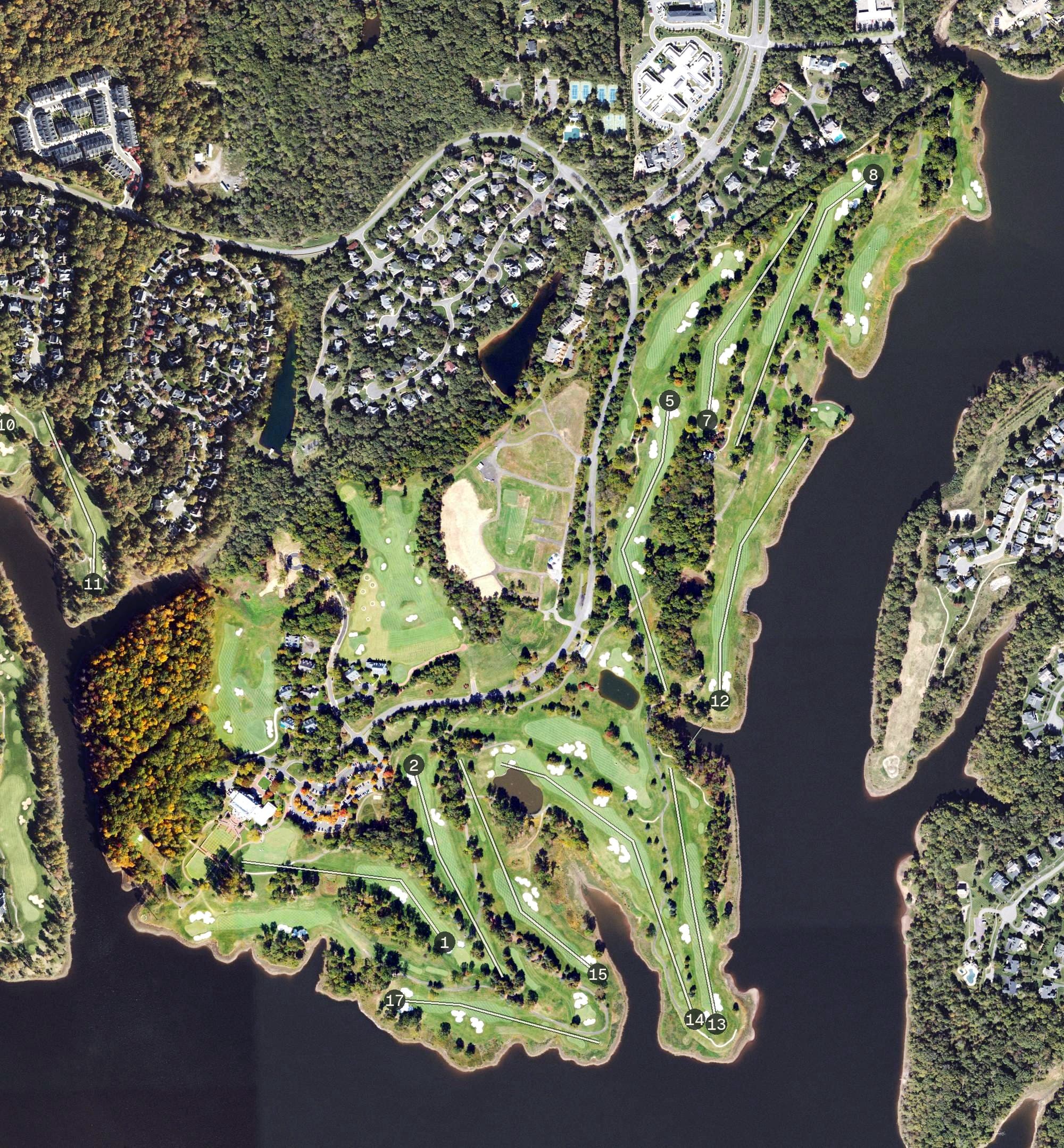 Aerial view of Robert Trent Jones Golf Club, VA, with its hole routing marked