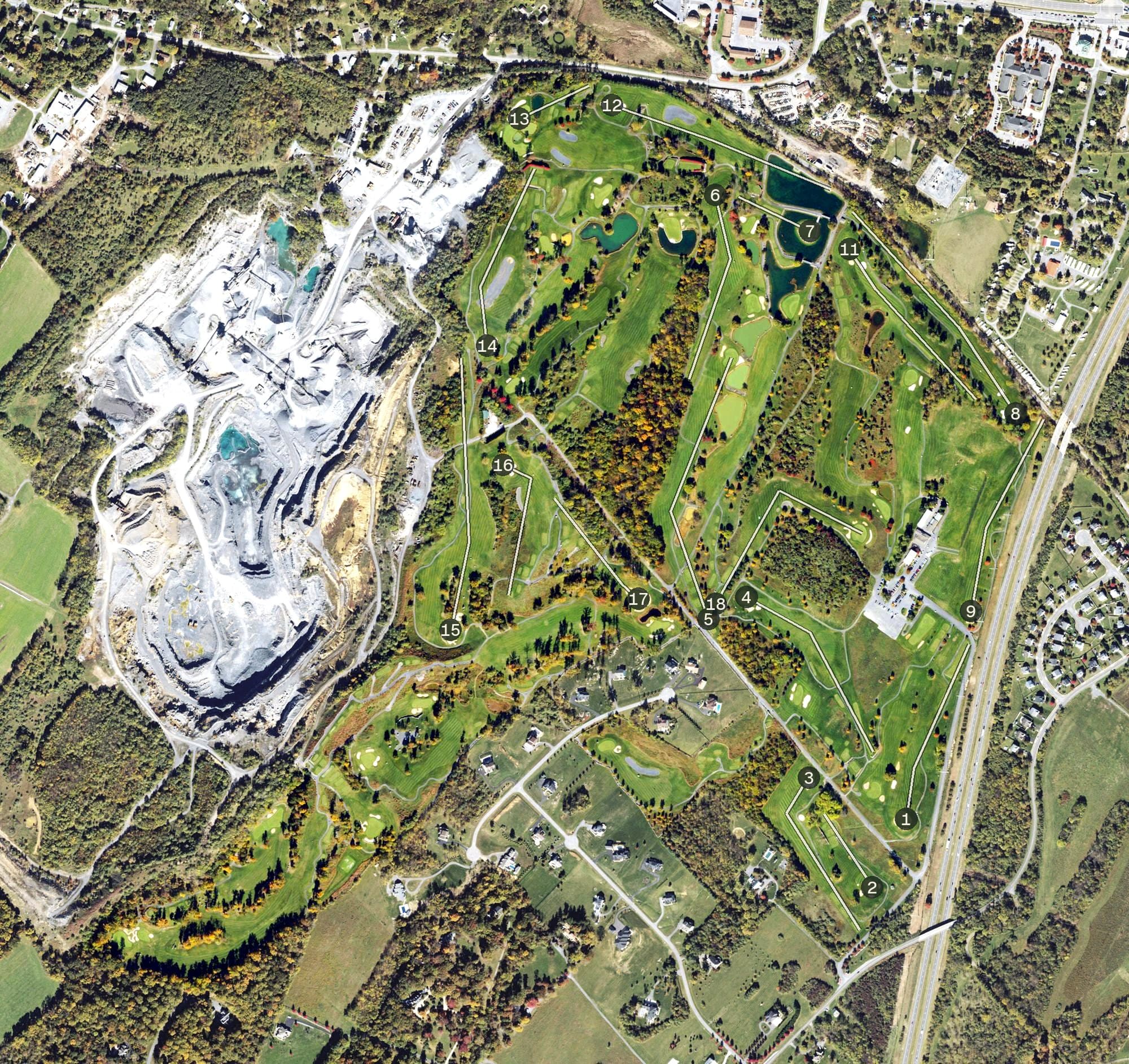 Aerial view of Rock Harbor Golf Courses (Boulder Course & Rock Course), VA, with its hole routing marked