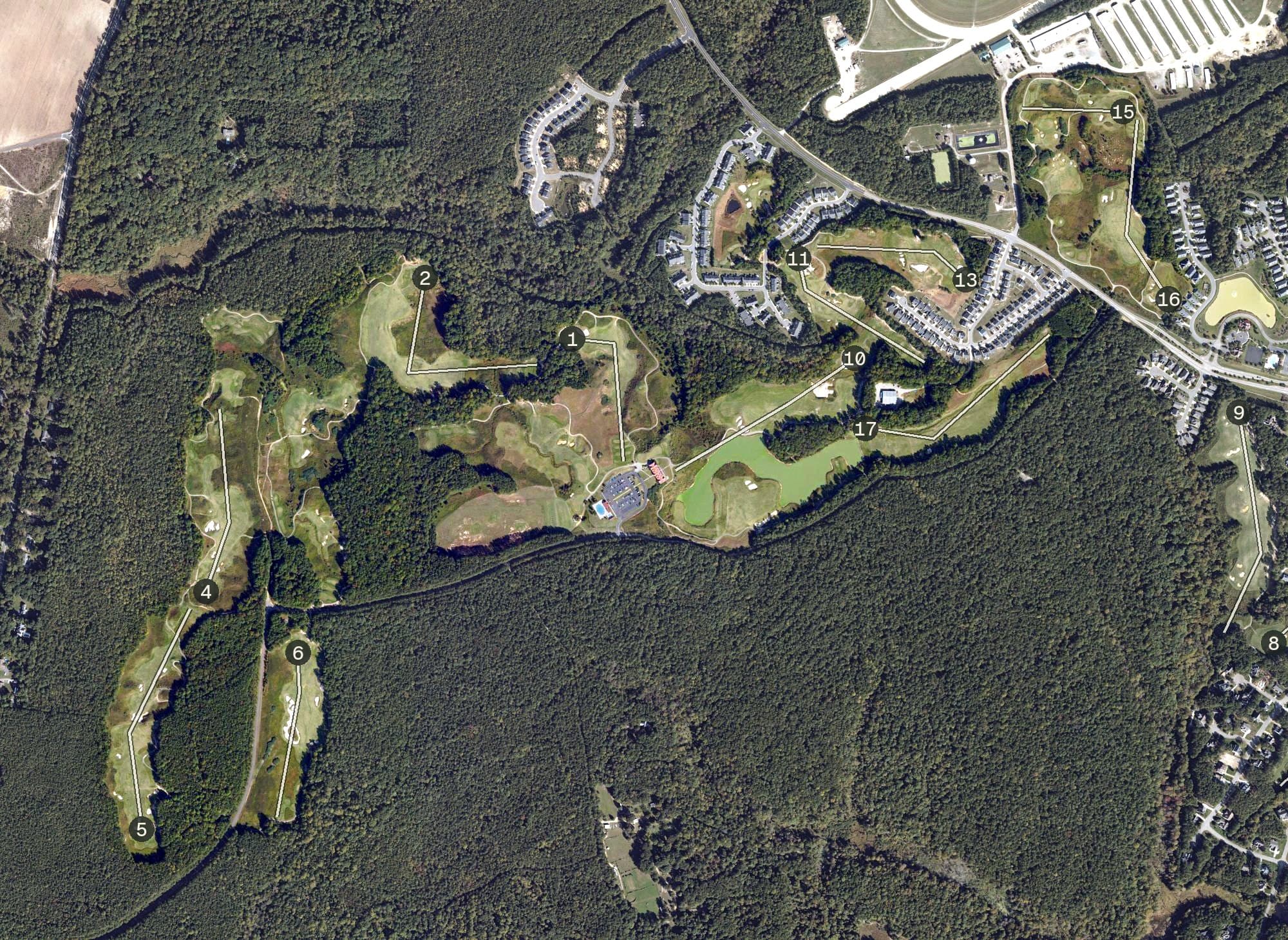 Aerial view of Royal New Kent Golf Club, VA, with its hole routing marked