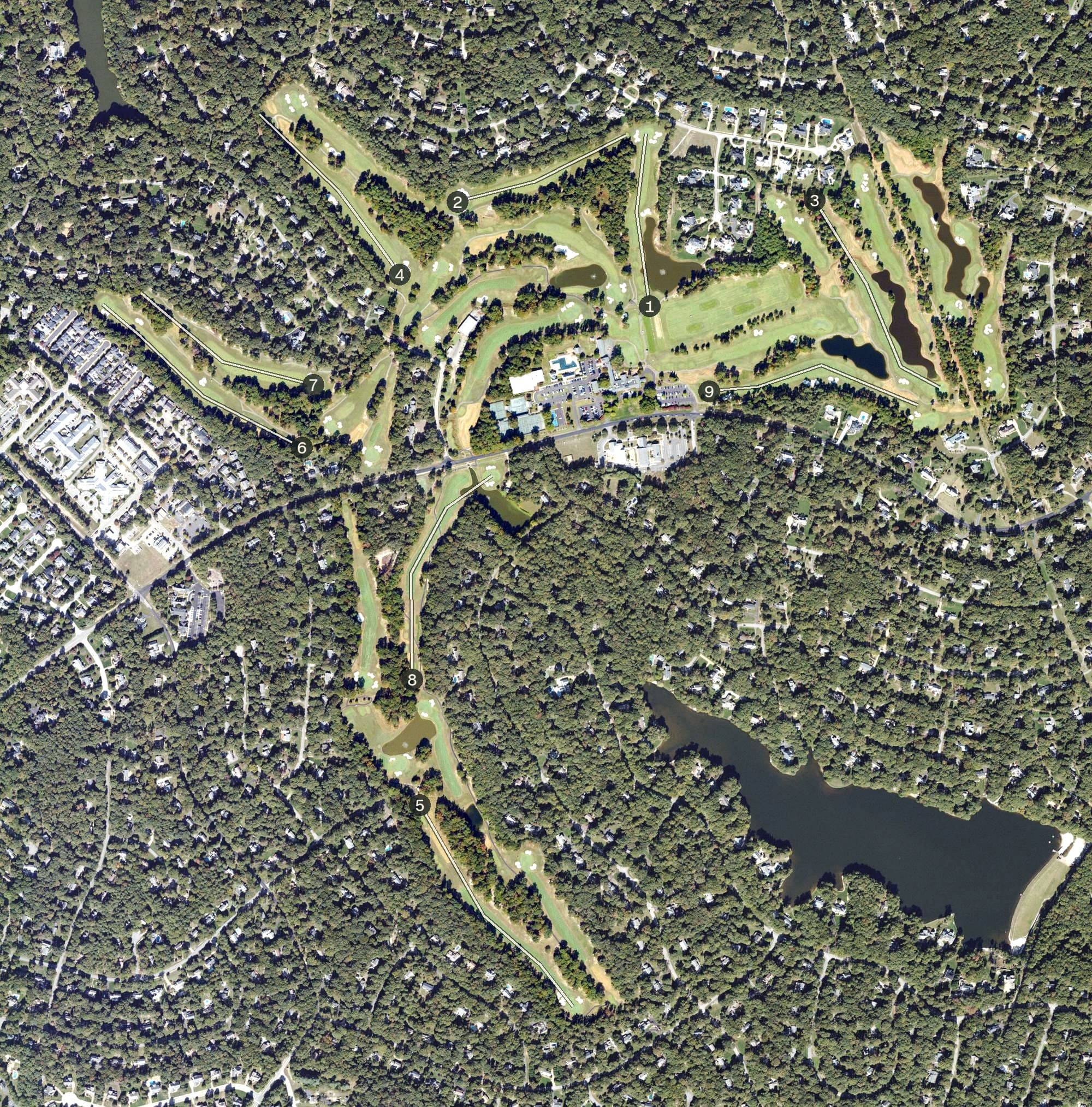 Aerial view of Salisbury Country Club, VA, with its hole routing marked