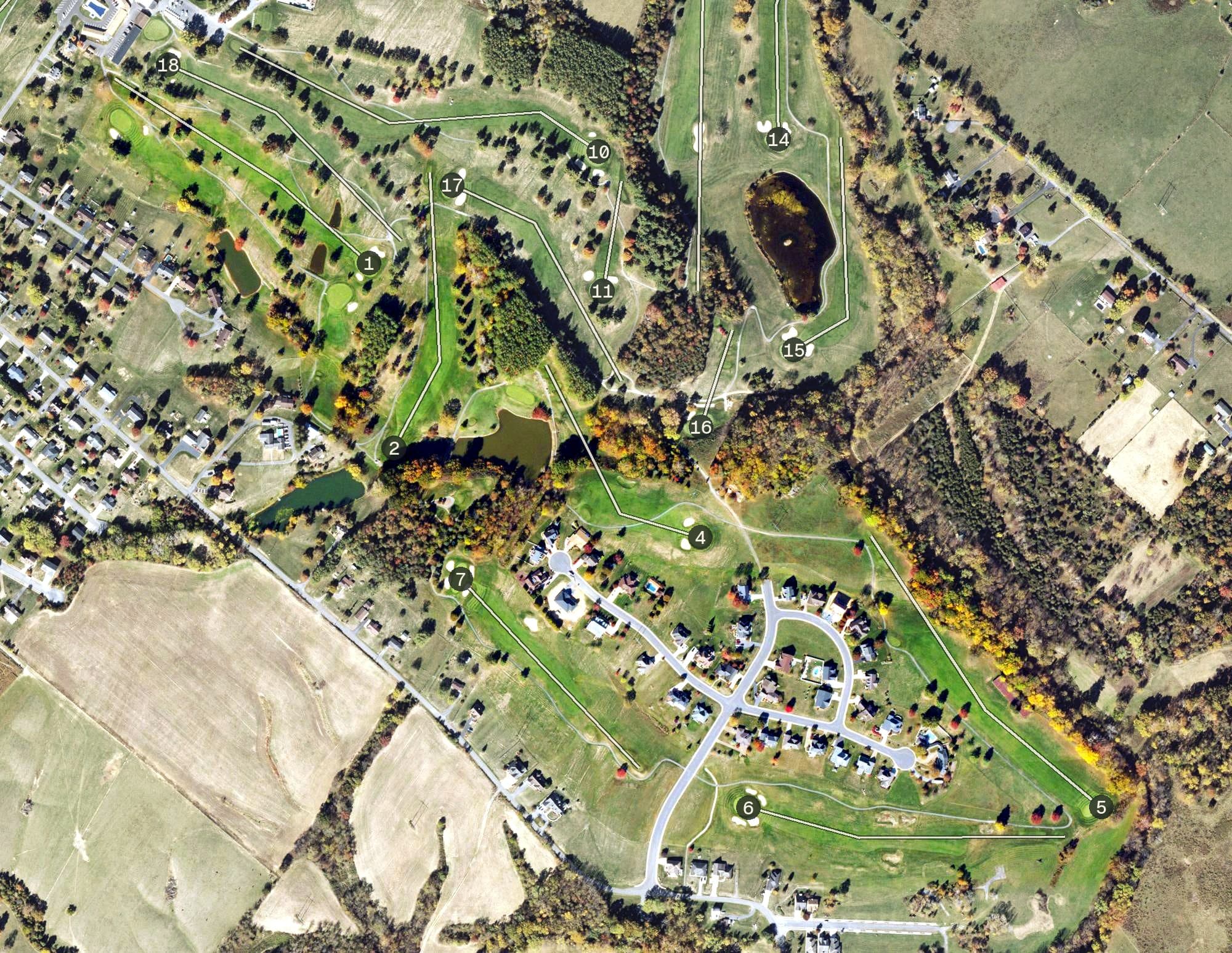 Aerial view of Shenvalee Miller Course, VA, with its hole routing marked