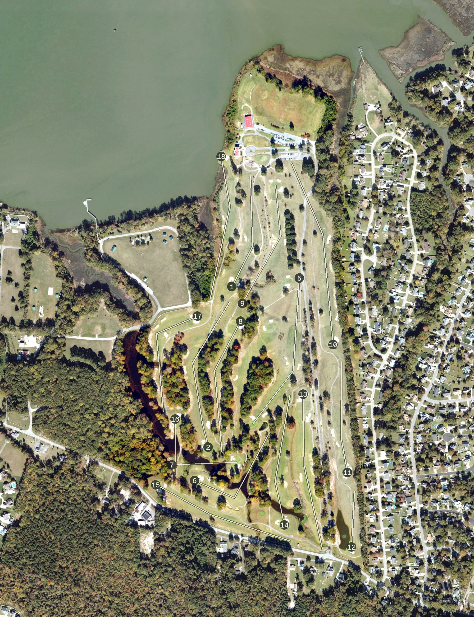 Aerial view of Sleepy Hole Golf Course, VA, with its hole routing marked