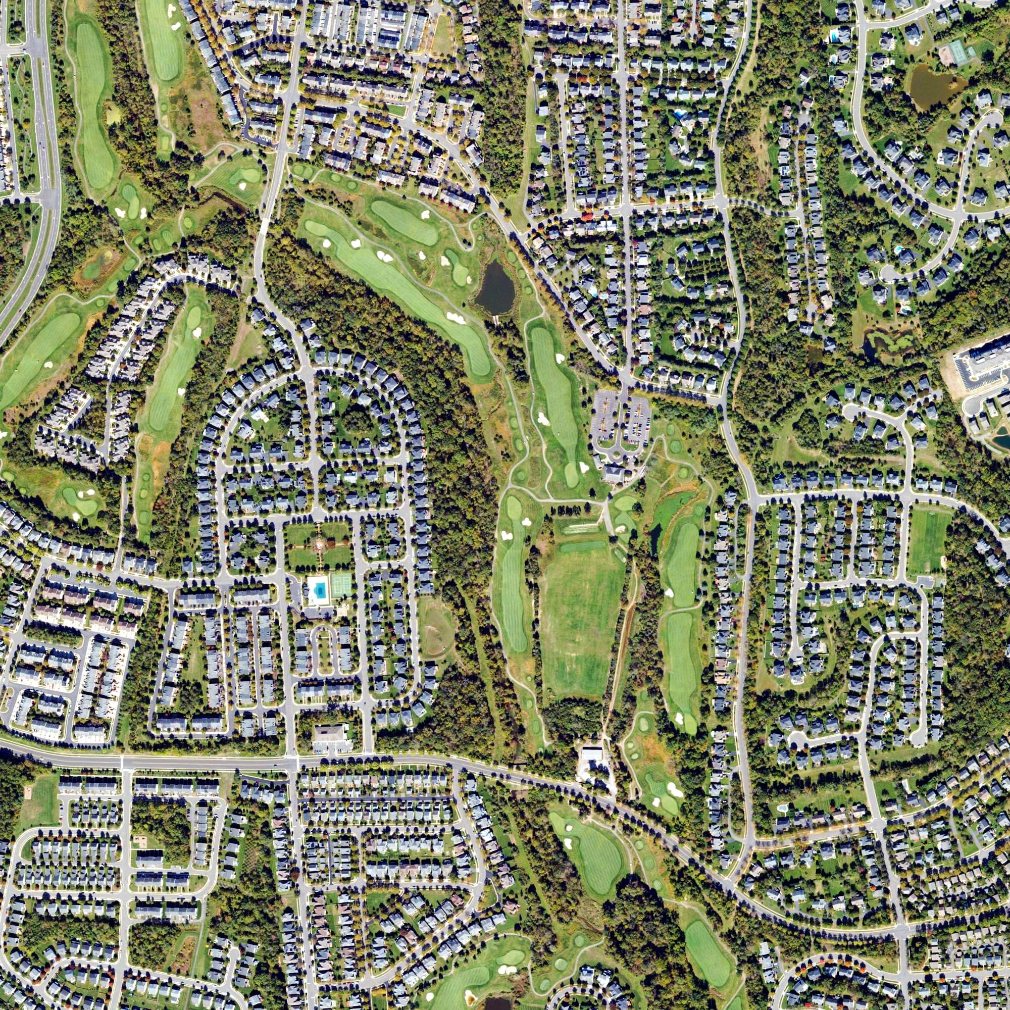 Aerial view of South Riding Golf Course, VA, with its hole routing marked