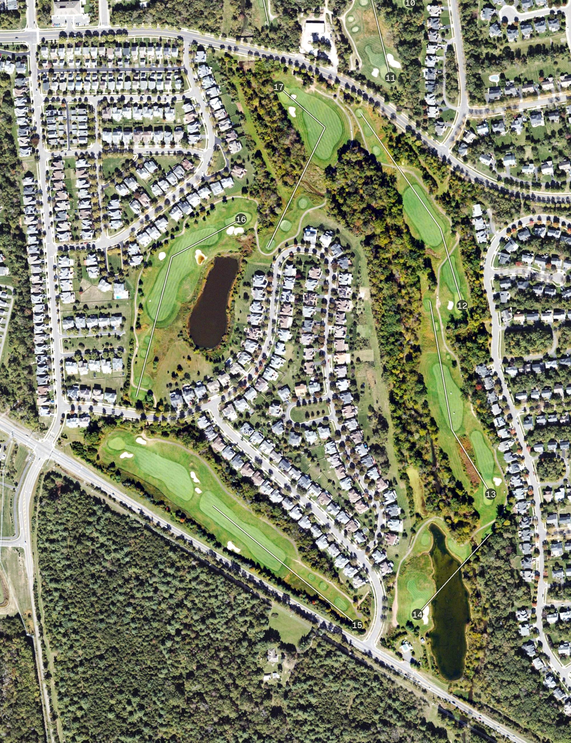 Aerial view of South Riding Golf Course, VA, with its hole routing marked