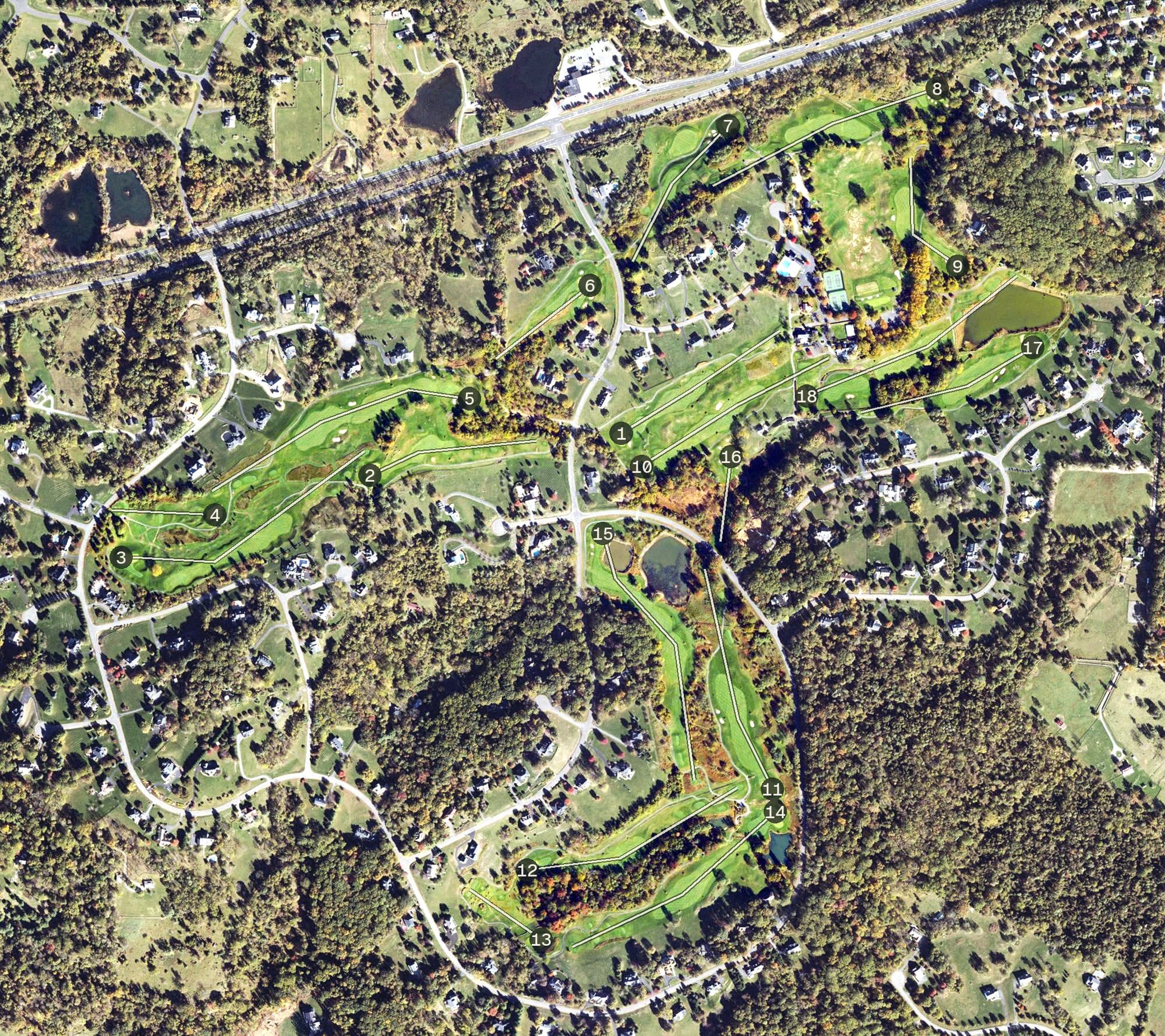 Aerial view of Stoneleigh Golf and Country Club, VA, with its hole routing marked