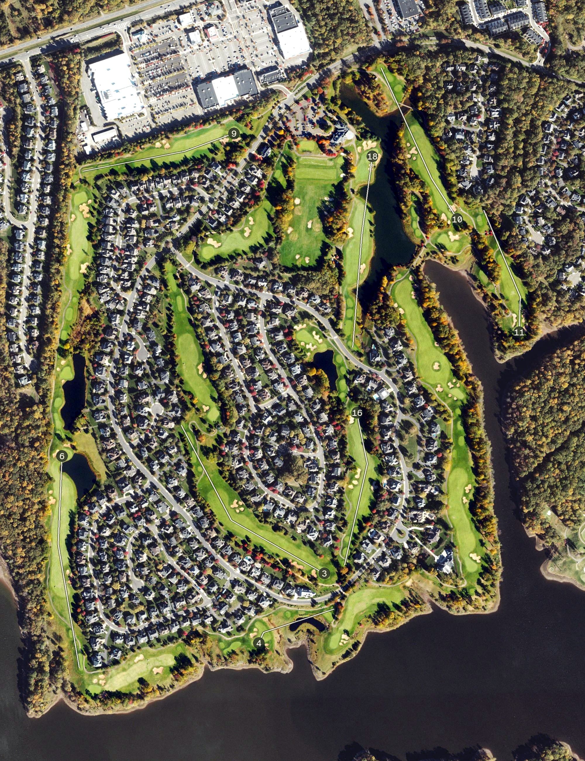 Aerial view of Stonewall Golf Club, VA, with its hole routing marked