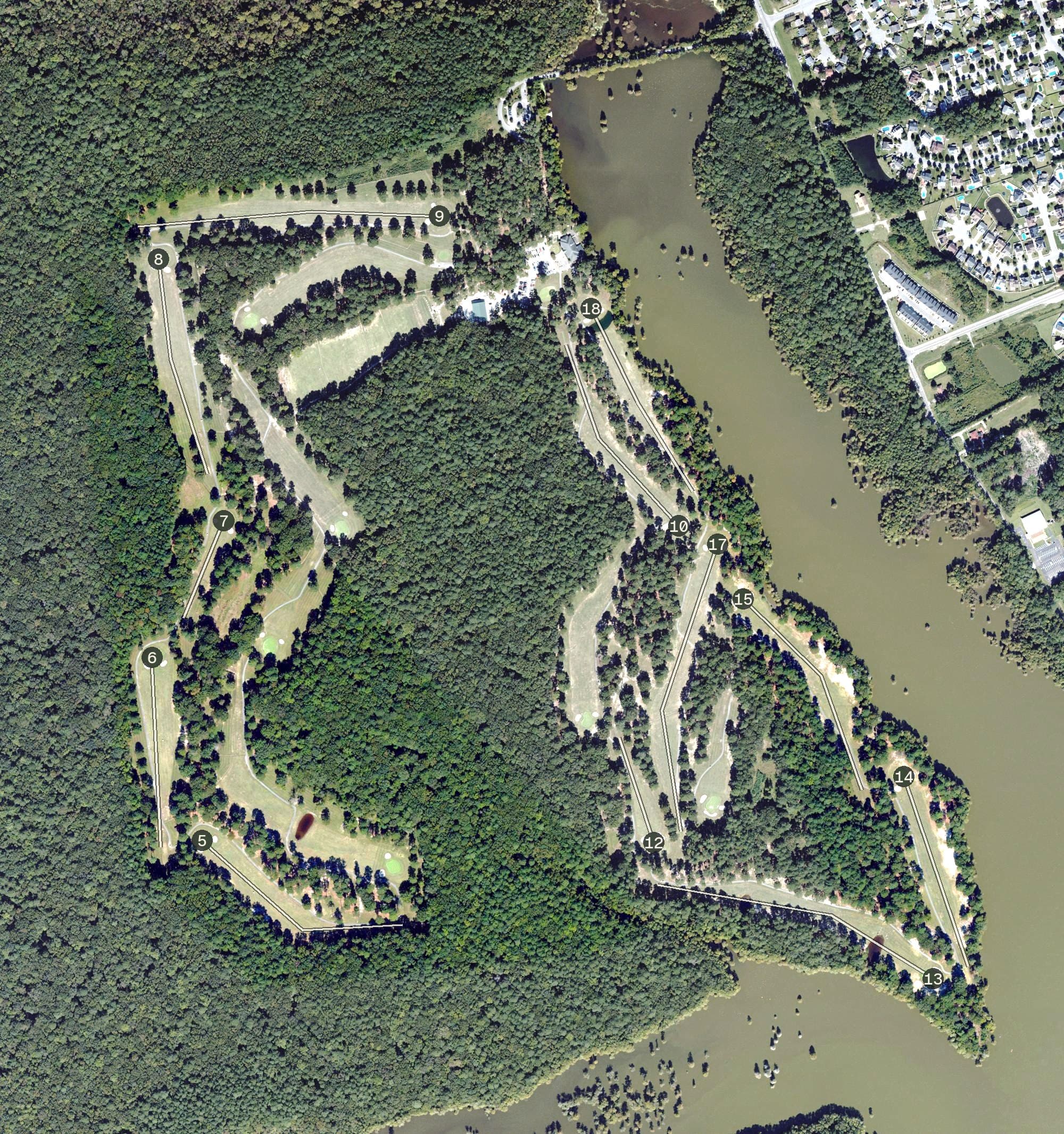Aerial view of Stumpy Lake Golf Course, VA, with its hole routing marked