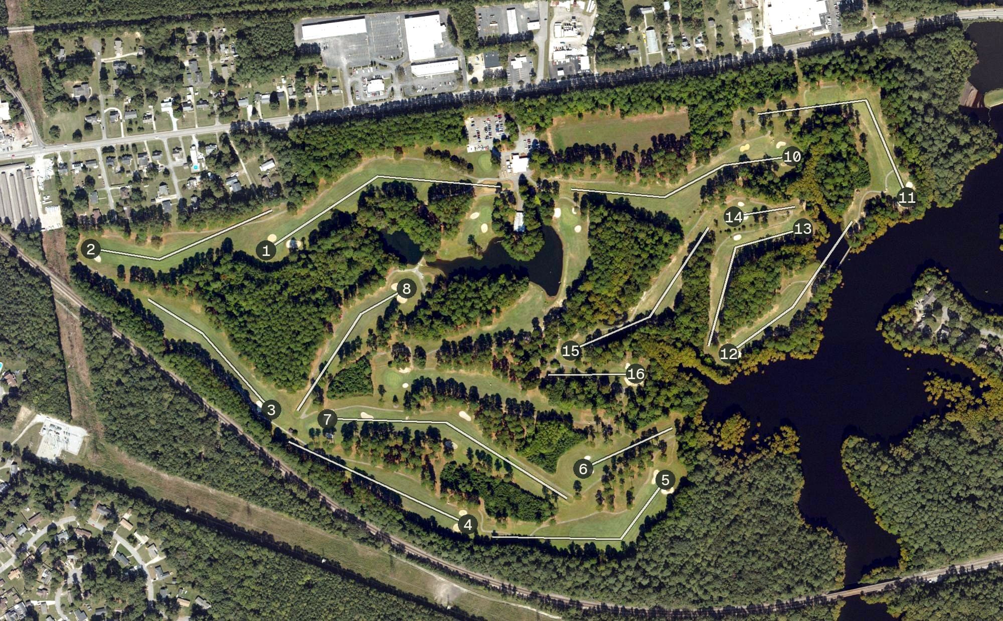 Aerial view of Suffolk Golf Course, VA, with its hole routing marked