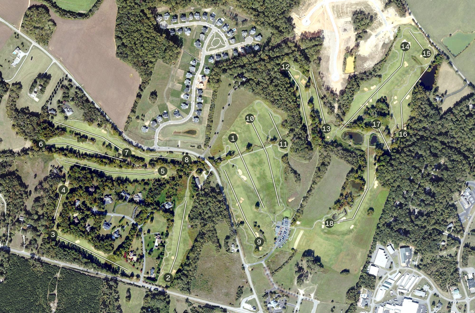 Aerial view of Sycamore Creek Golf Course, VA, with its hole routing marked
