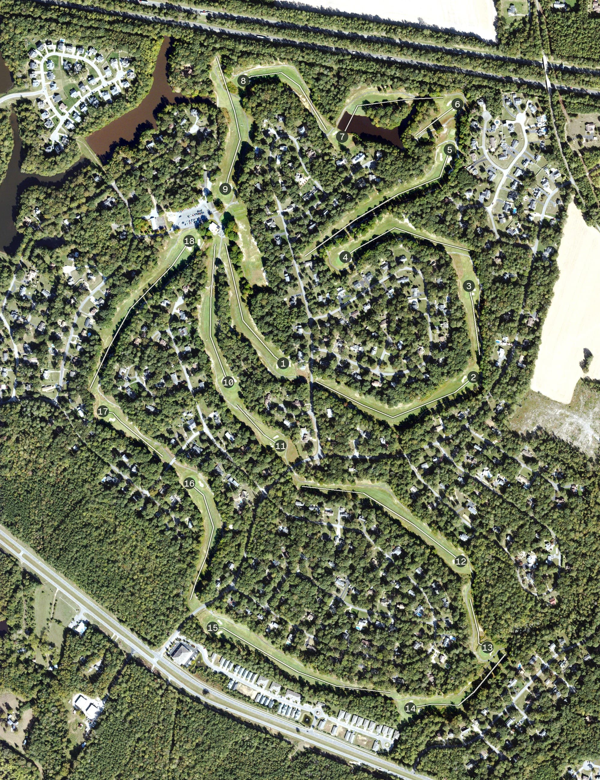 Aerial view of The Brookwoods Golf Club, VA, with its hole routing marked