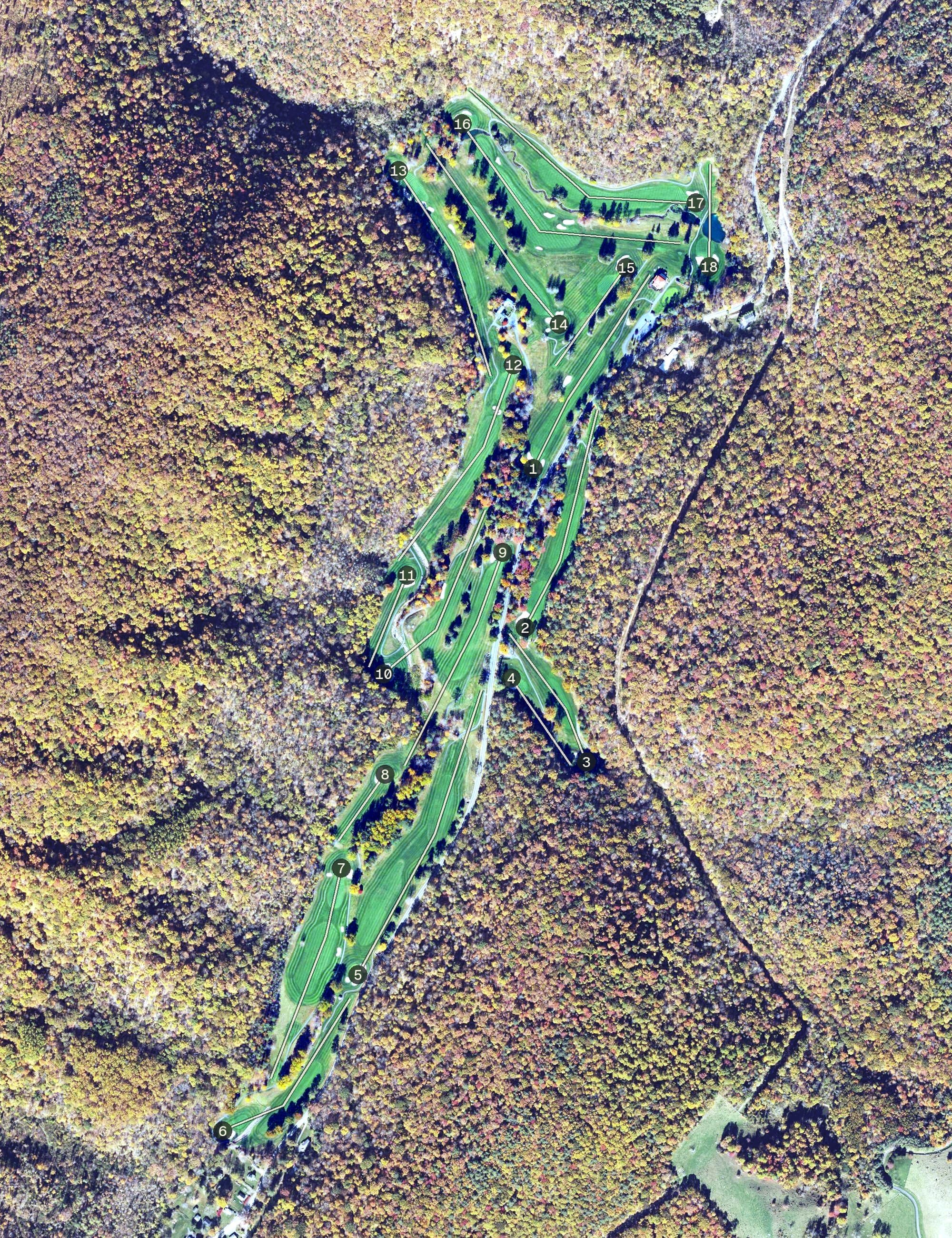 Aerial view of The Cascades, VA, with its hole routing marked