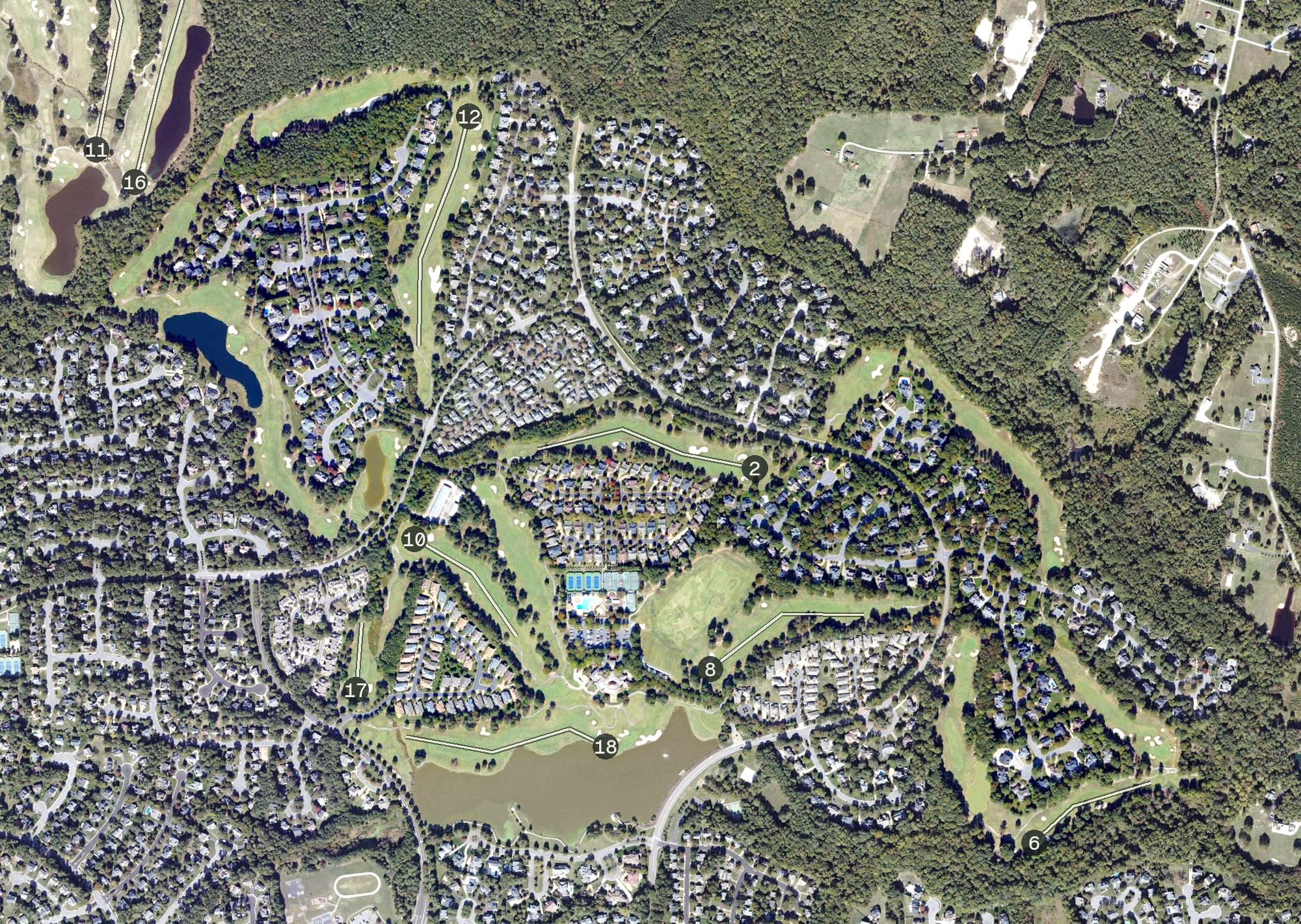 Aerial view of The Dominion Club, VA, with its hole routing marked