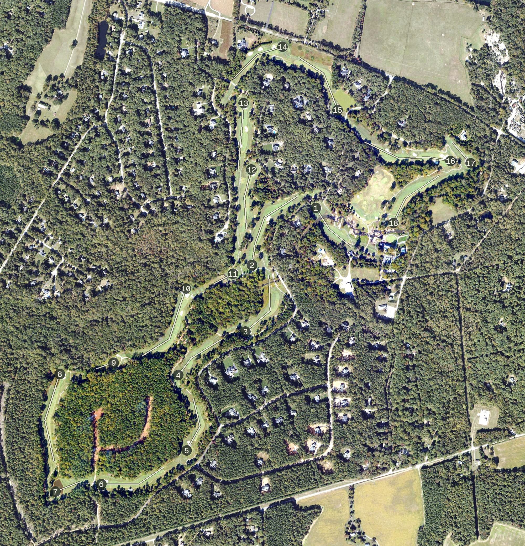 Aerial view of The Foundry Golf Club, VA, with its hole routing marked
