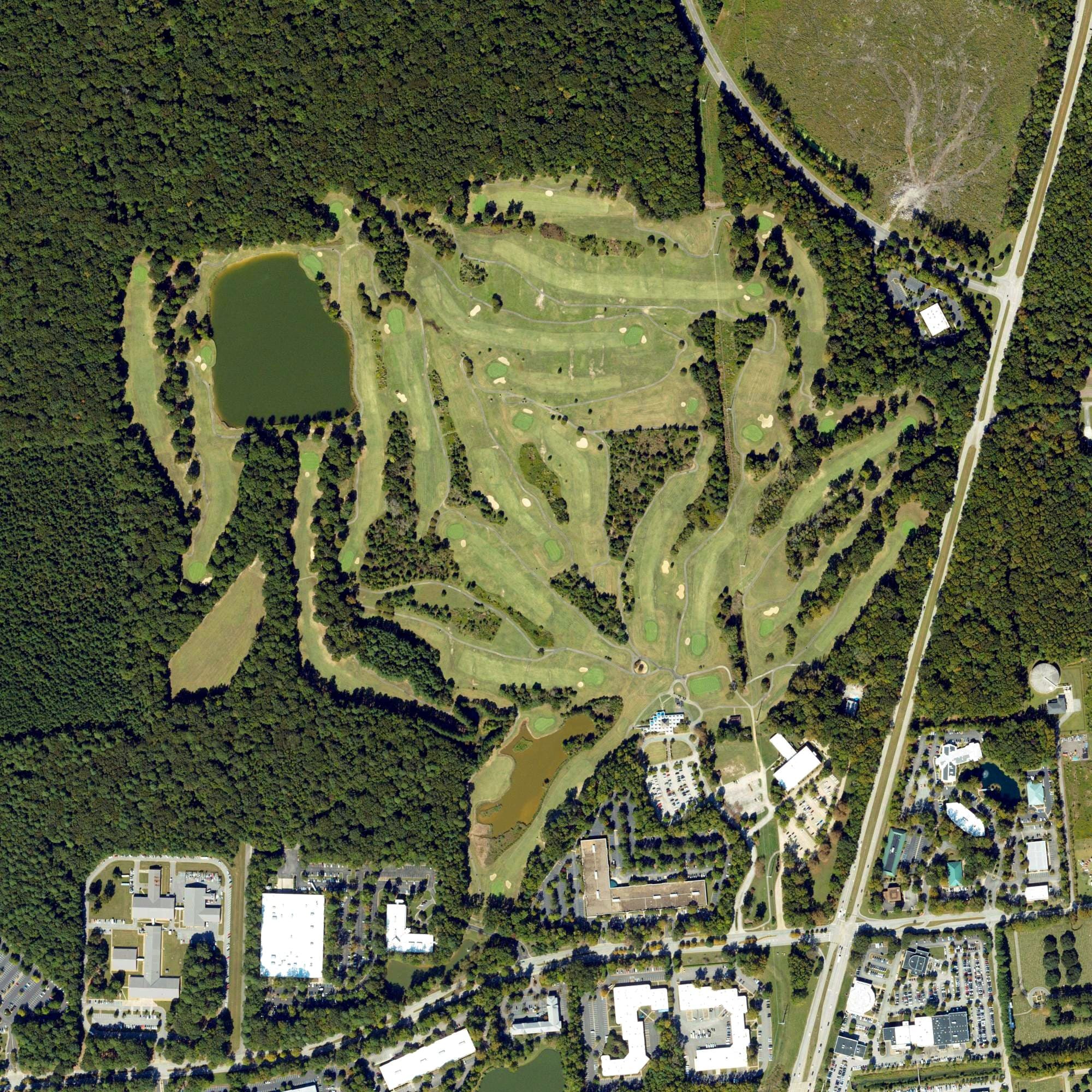 Aerial view of The Hamptons Golf Course, VA, with its hole routing marked