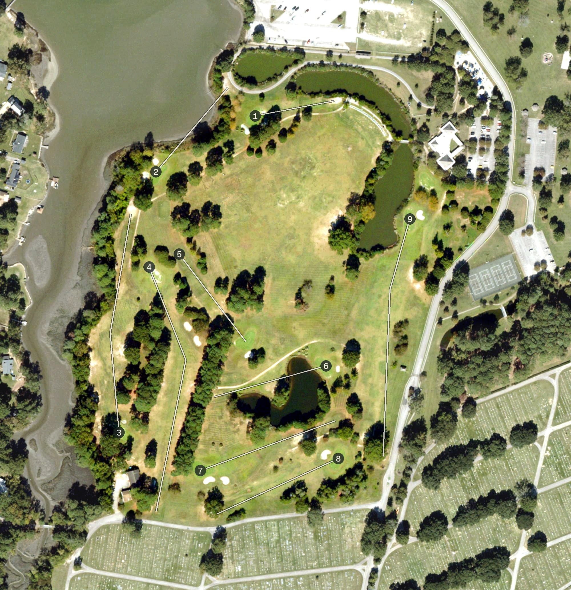 Aerial view of The Links at City park, VA, with its hole routing marked