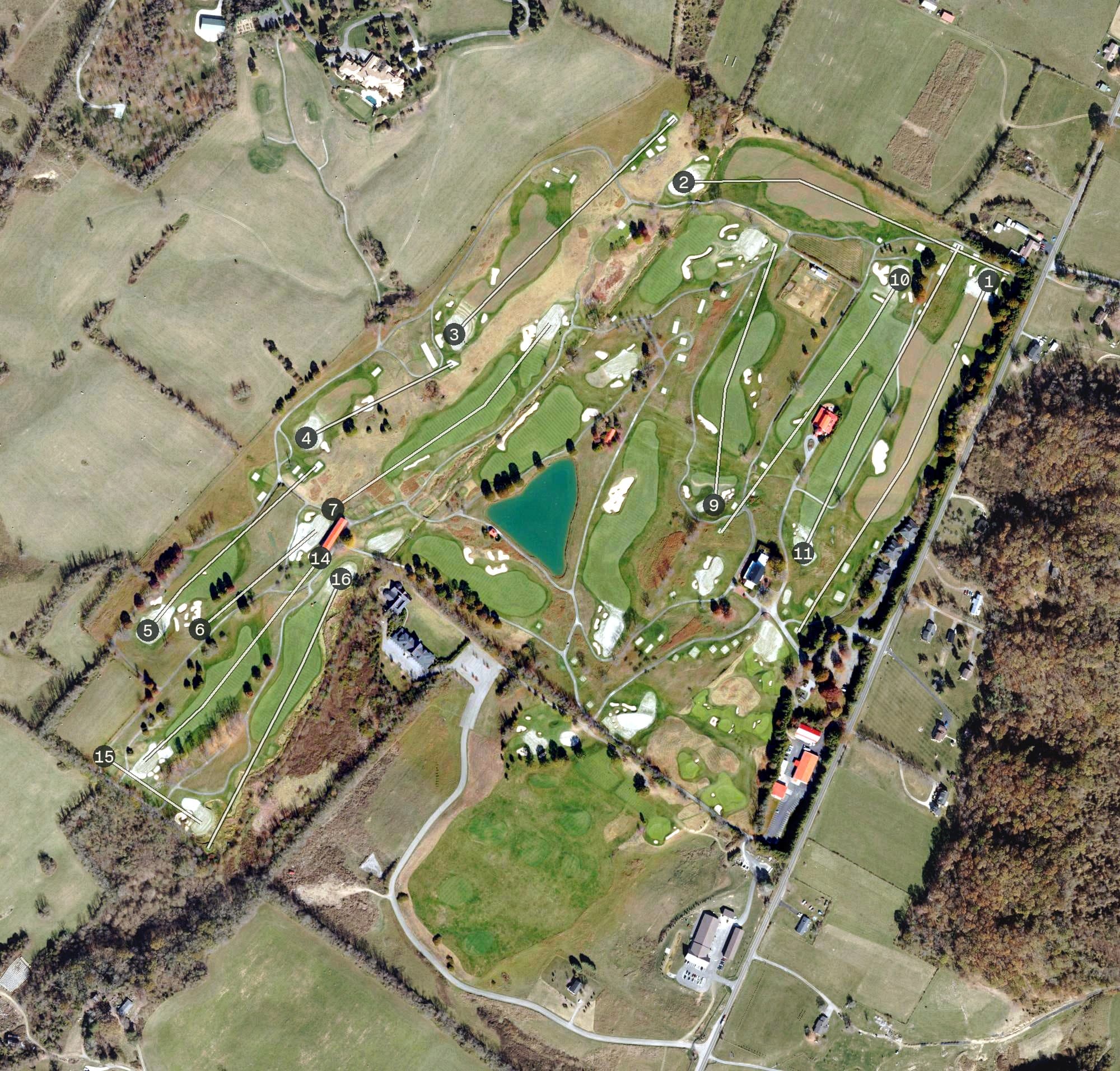 Aerial view of The Olde Farm, VA, with its hole routing marked
