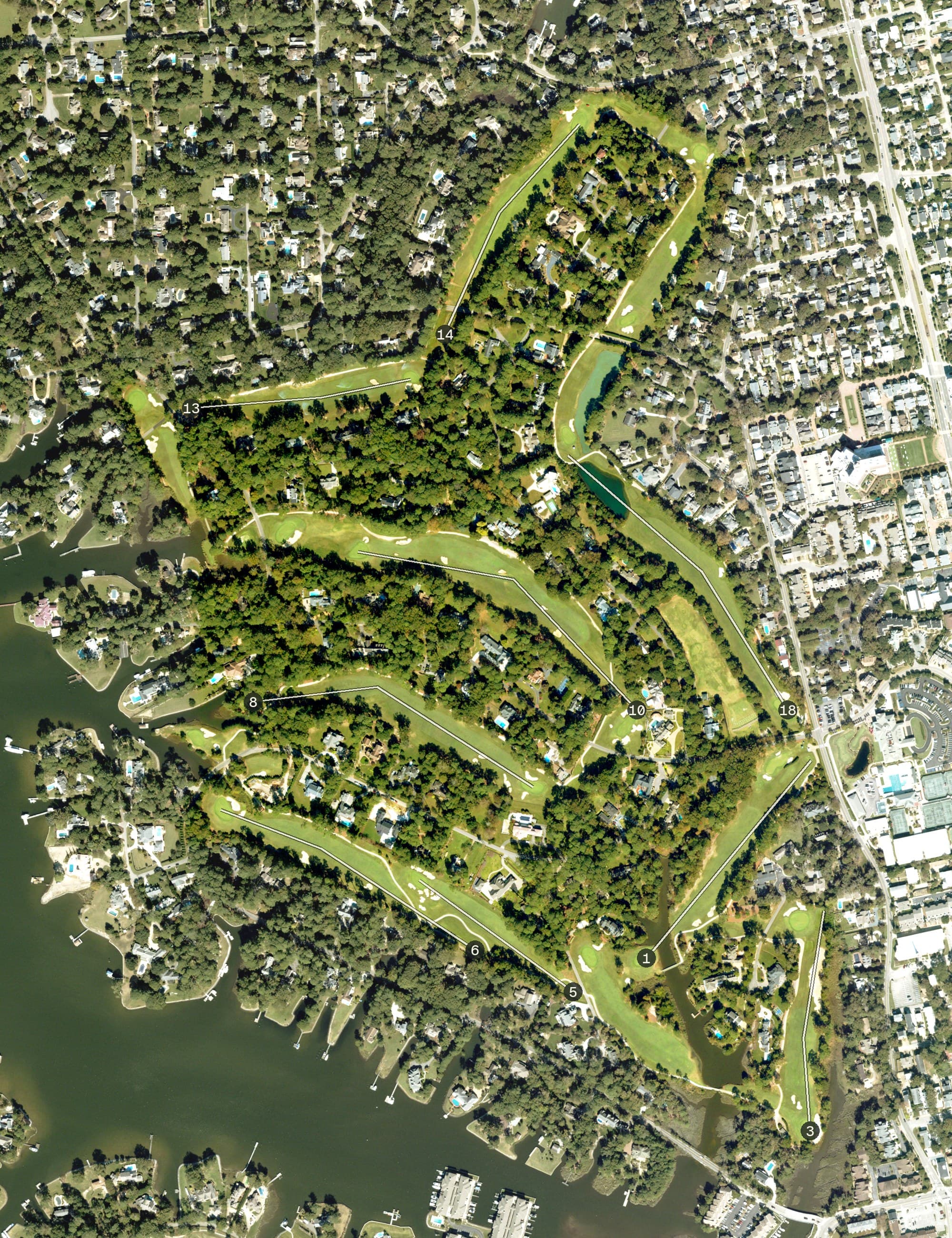 Aerial view of The Princess Anne Country Club, VA, with its hole routing marked