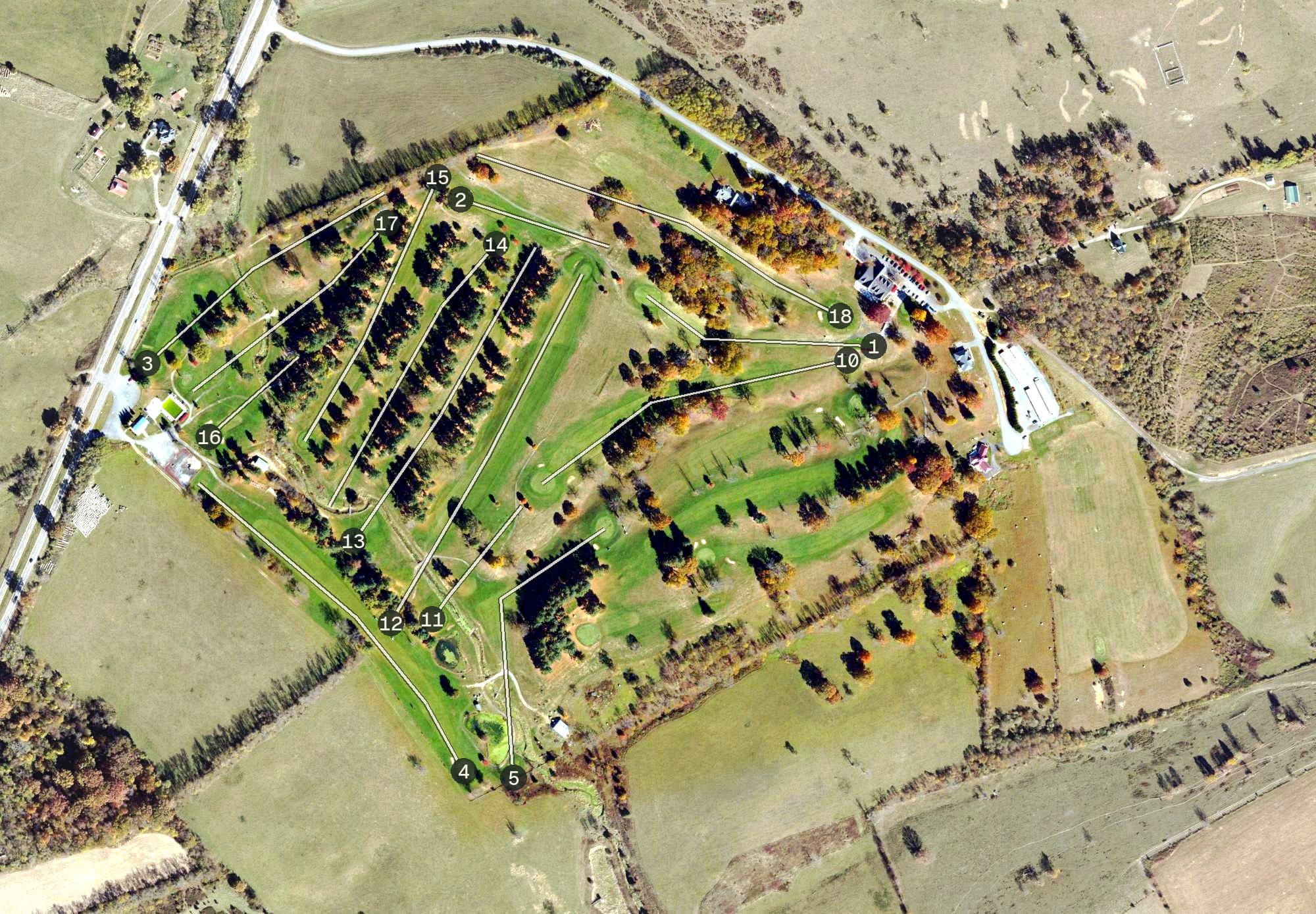 Aerial view of Thorn Spring Golf Course, VA, with its hole routing marked