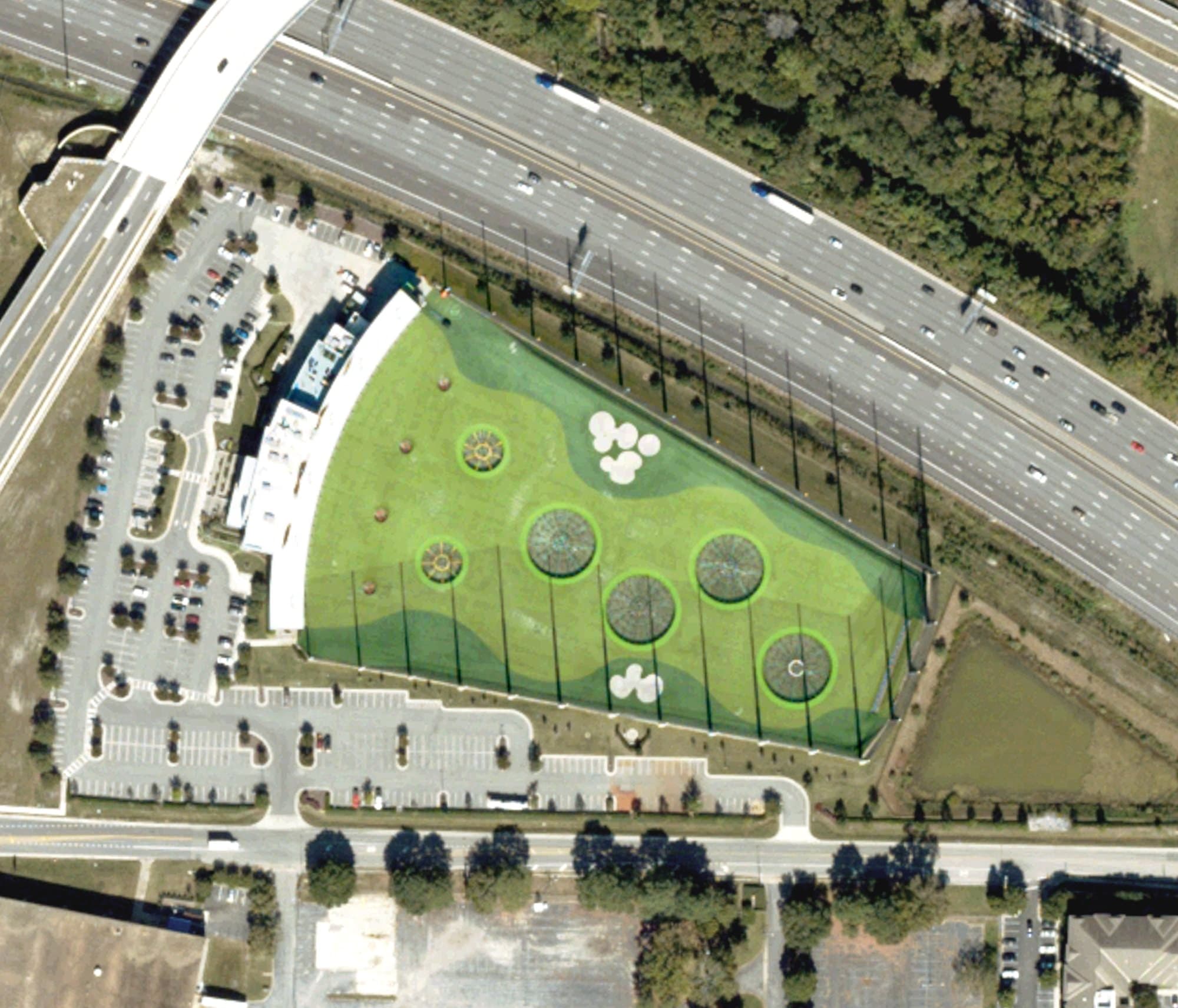 Aerial view of Top Golf, VA, with its hole routing marked