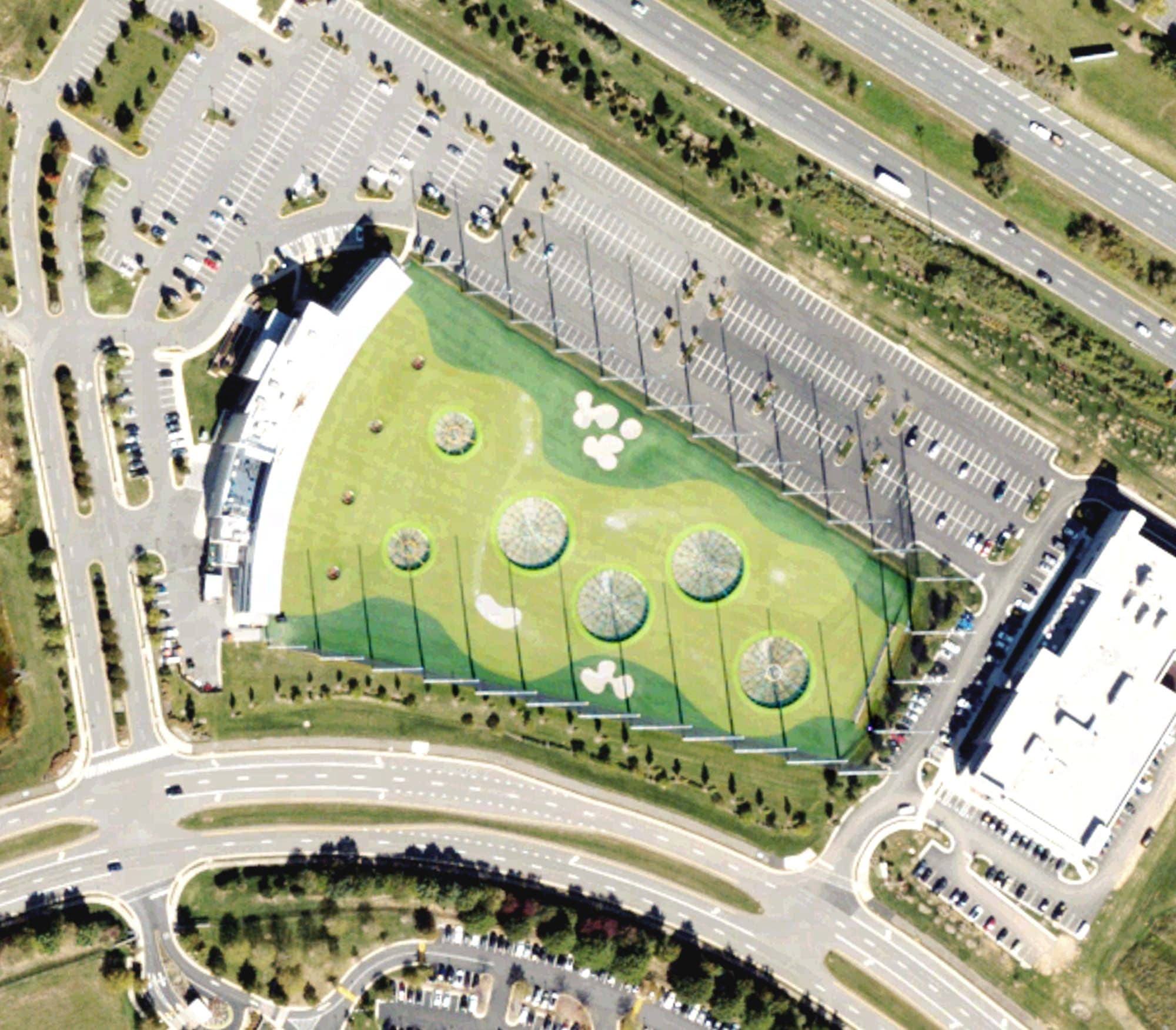 Aerial view of Topgolf, VA, with its hole routing marked