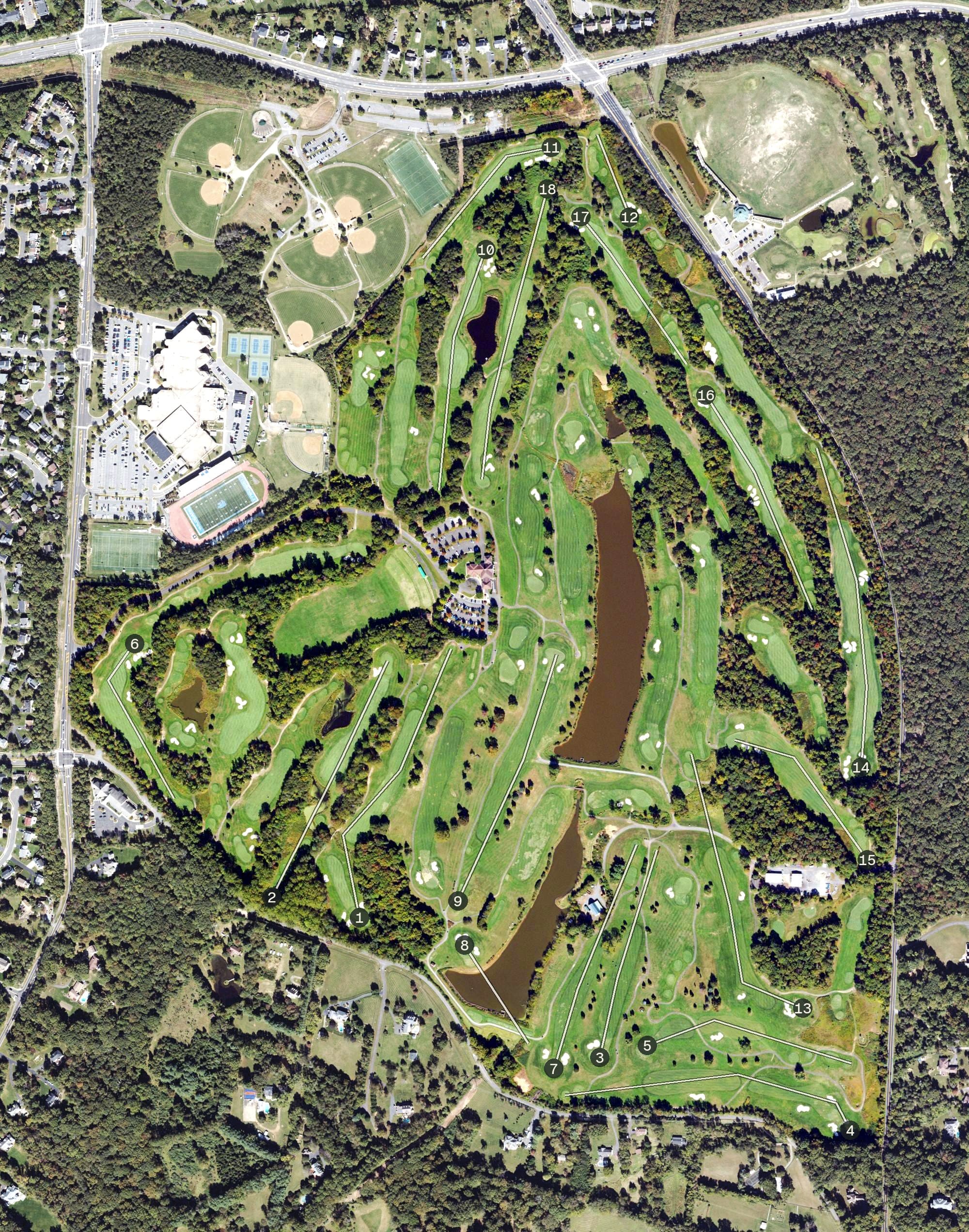 Aerial view of Twin Lakes Golf Course, VA, with its hole routing marked