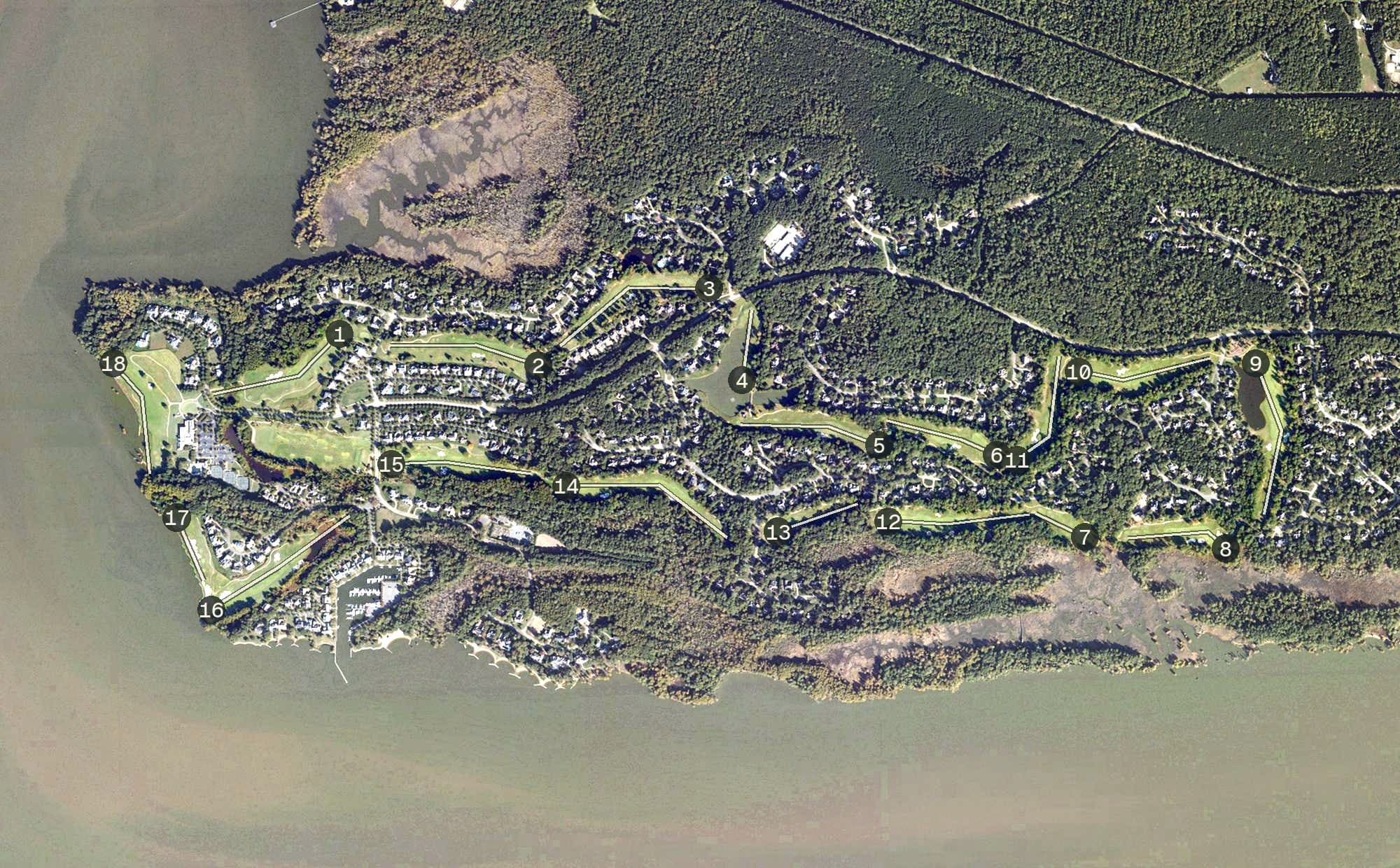 Aerial view of Two Rivers Golf Course, VA, with its hole routing marked