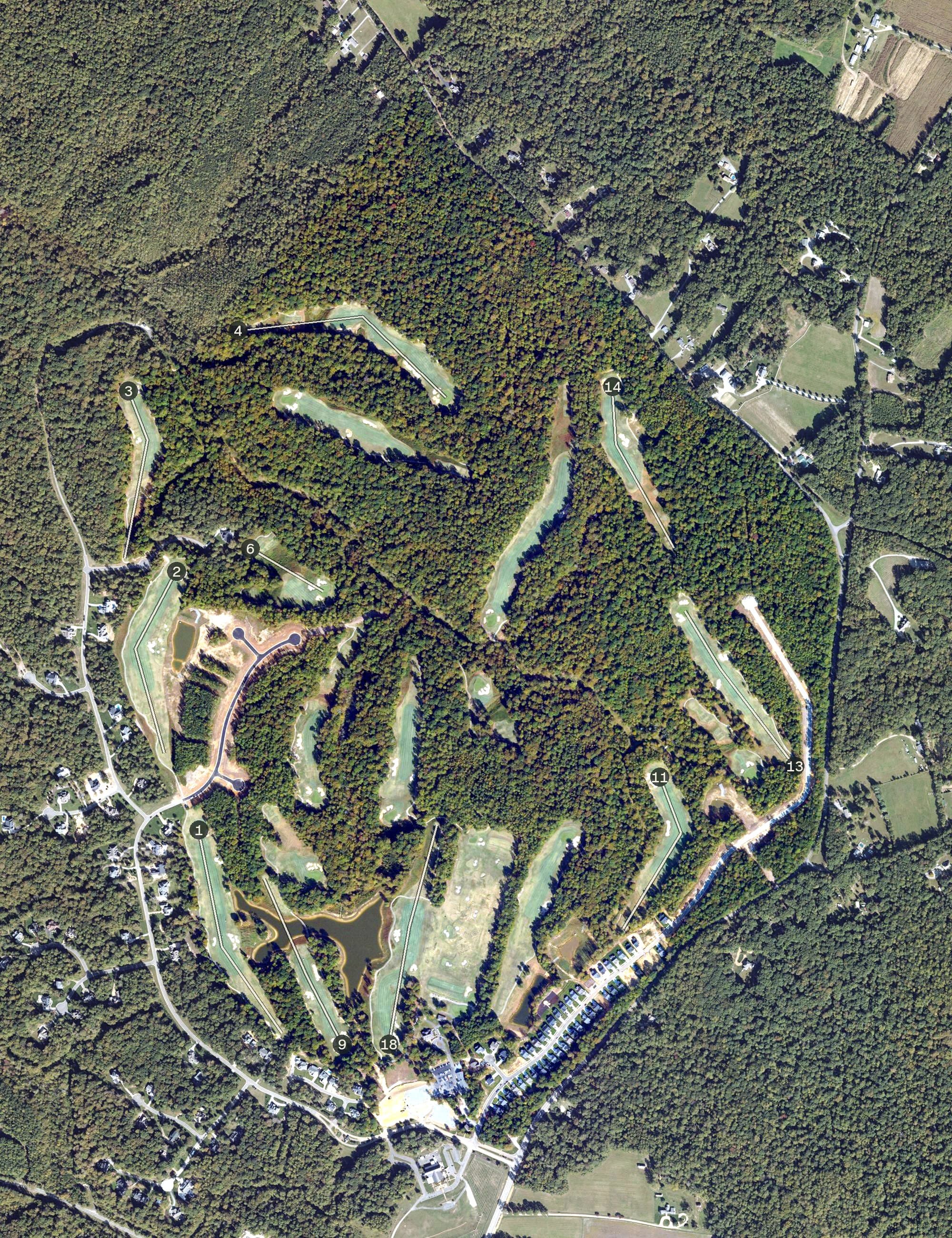 Aerial view of Viniterra Golf Course, VA, with its hole routing marked