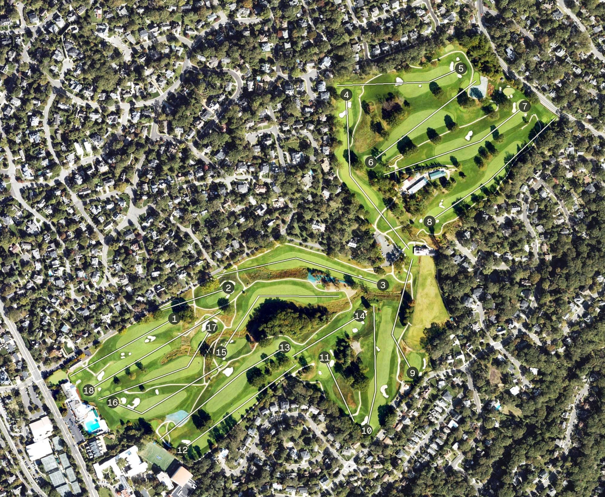 Aerial view of Washington Golf and Country Club, VA, with its hole routing marked