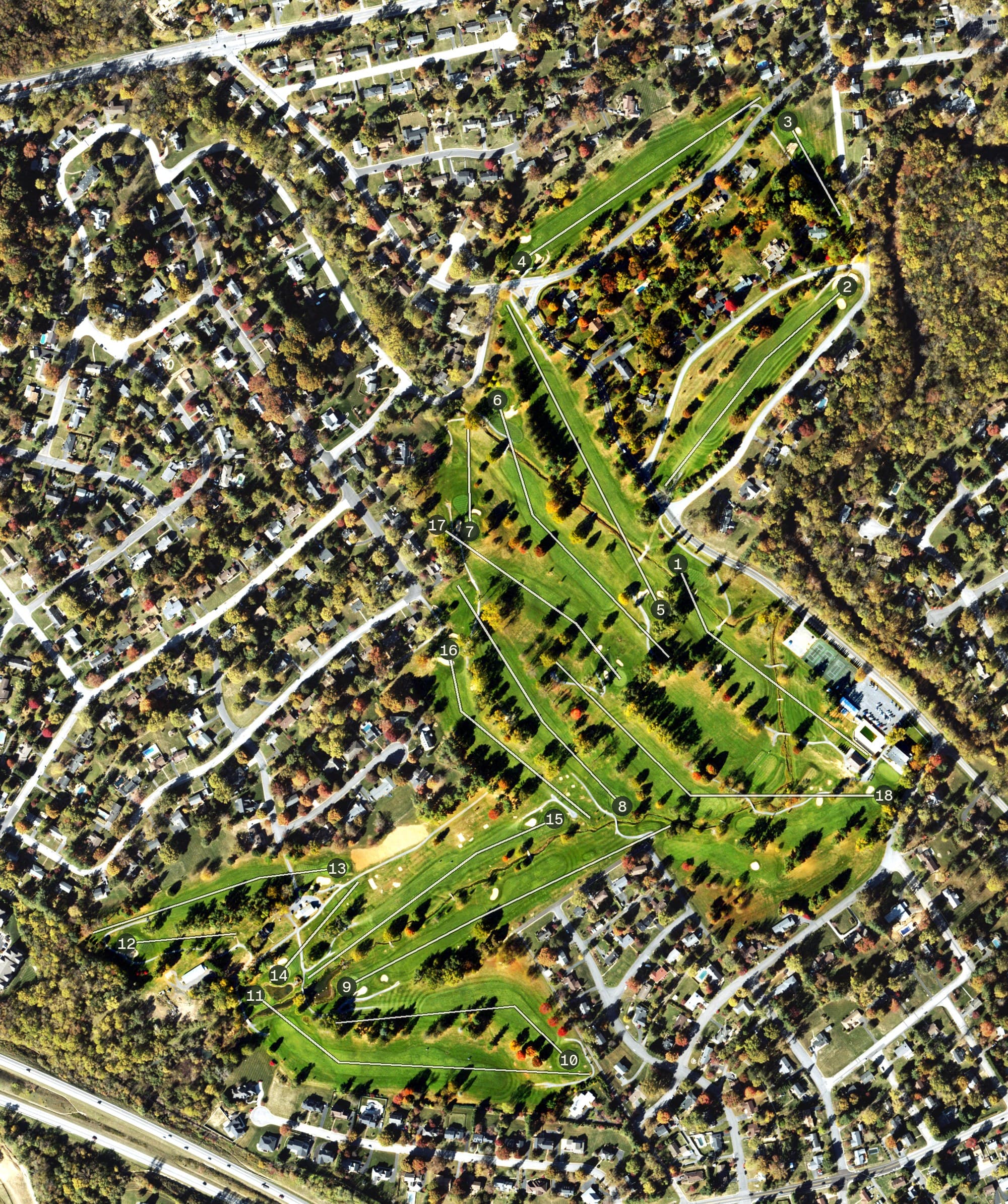 Aerial view of Waynesboro Country Club, VA, with its hole routing marked