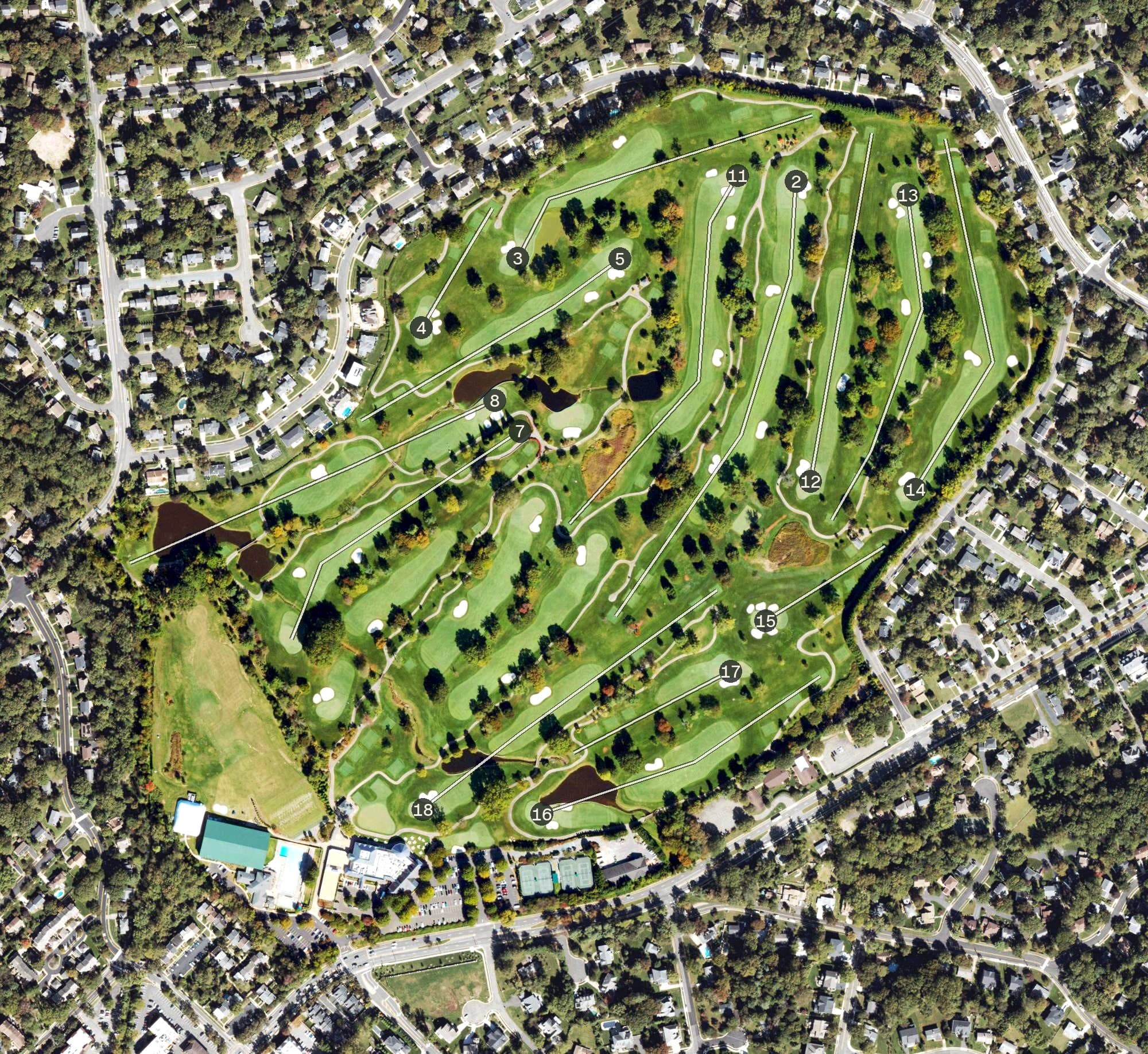 Aerial view of Westwood Country Club, VA, with its hole routing marked