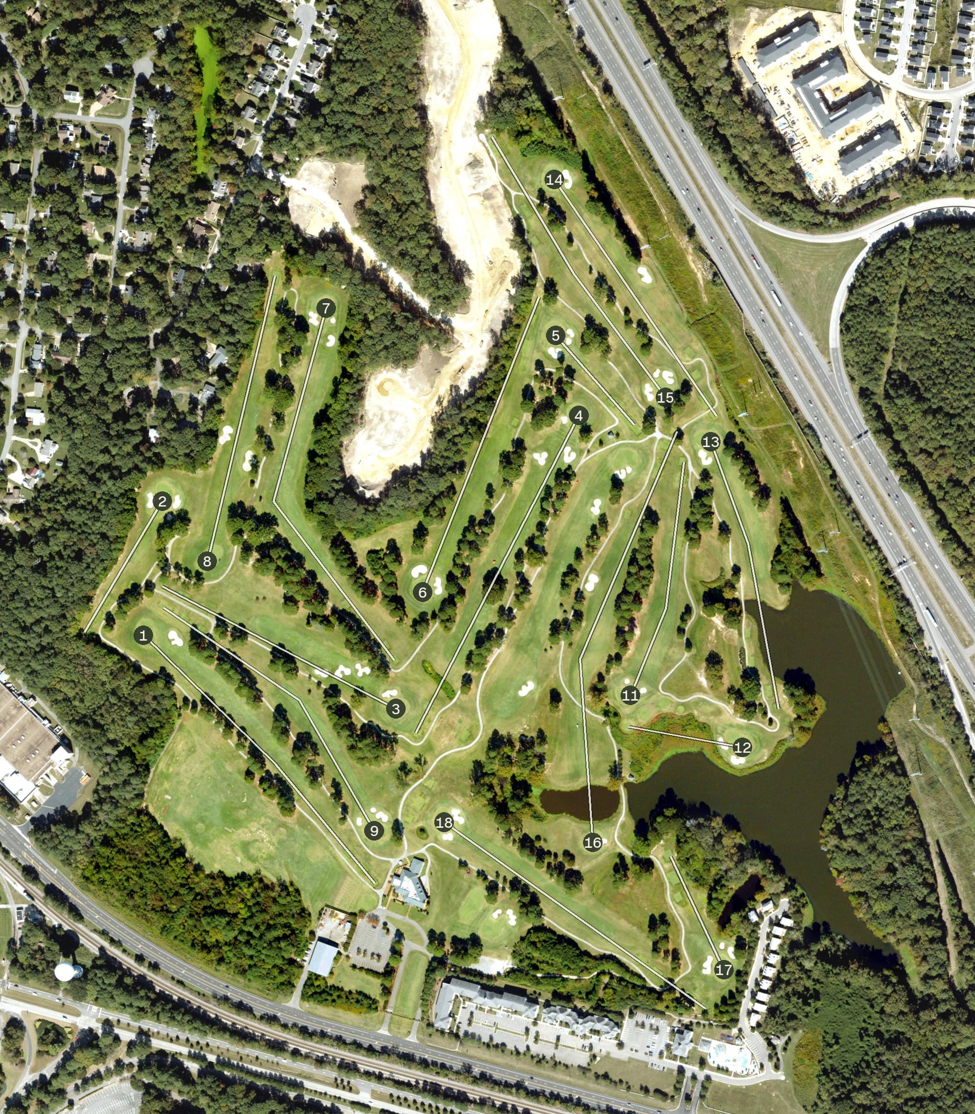 Aerial view of Williamsburg Golf Club, VA, with its hole routing marked