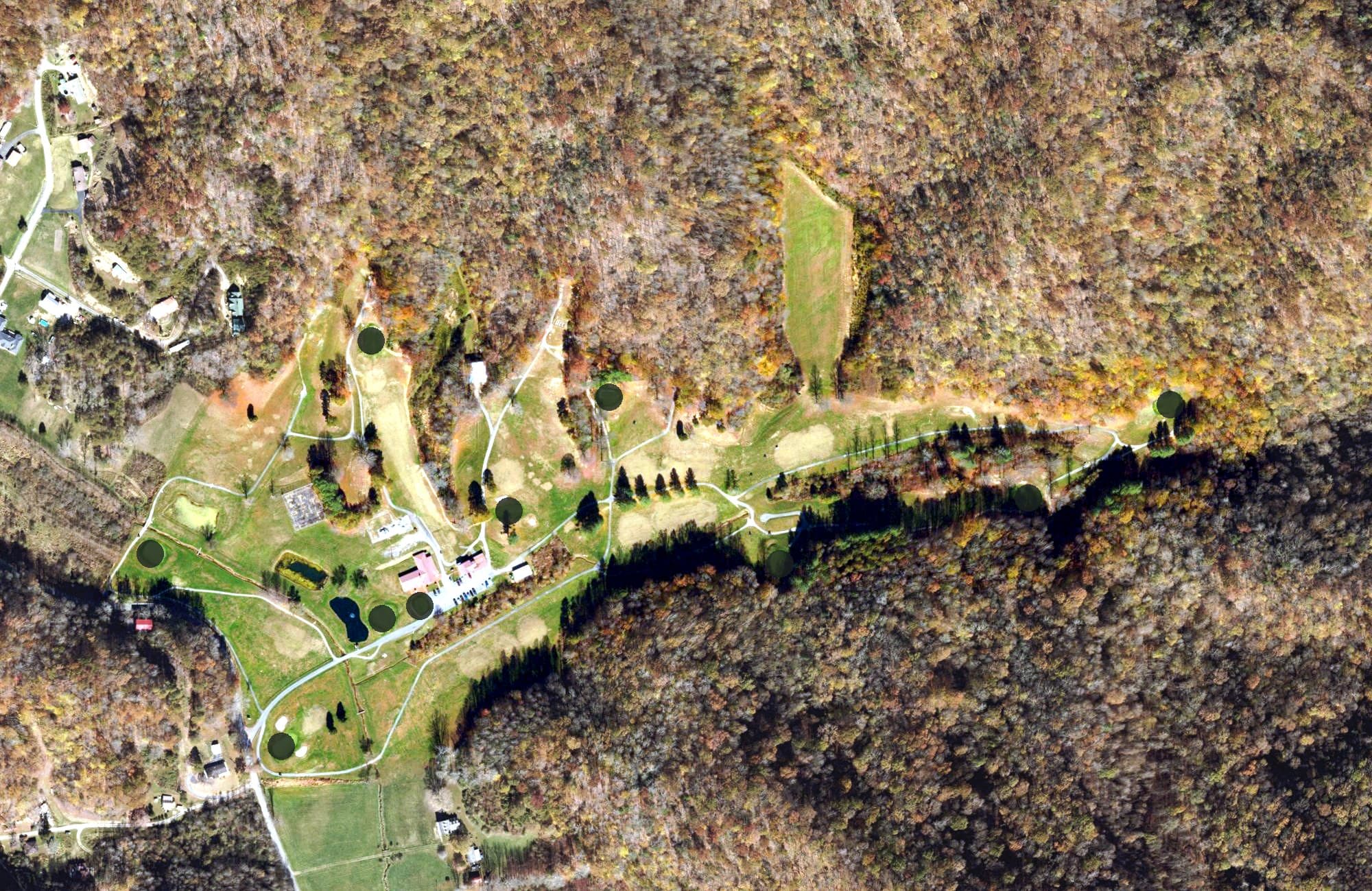 Aerial view of Willowbrook Country Club, VA, with its hole routing marked