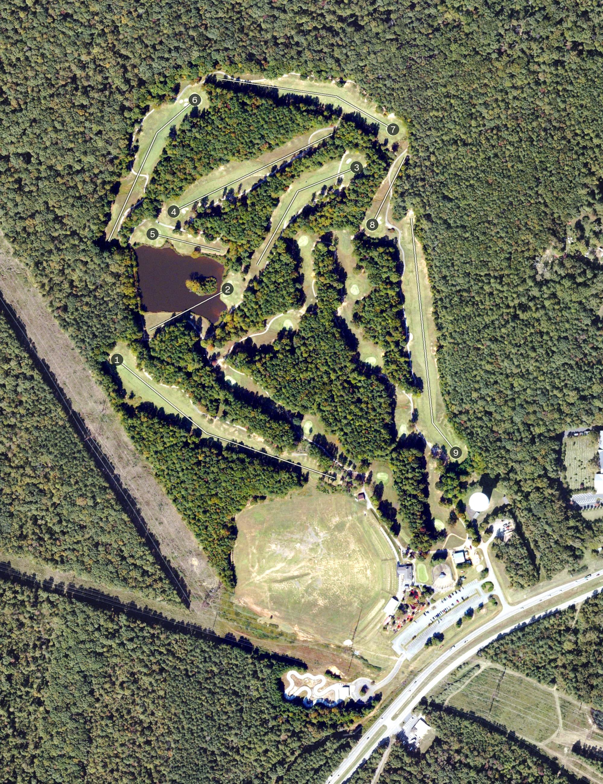 Aerial view of Windy Hill Sports Complex, VA, with its hole routing marked