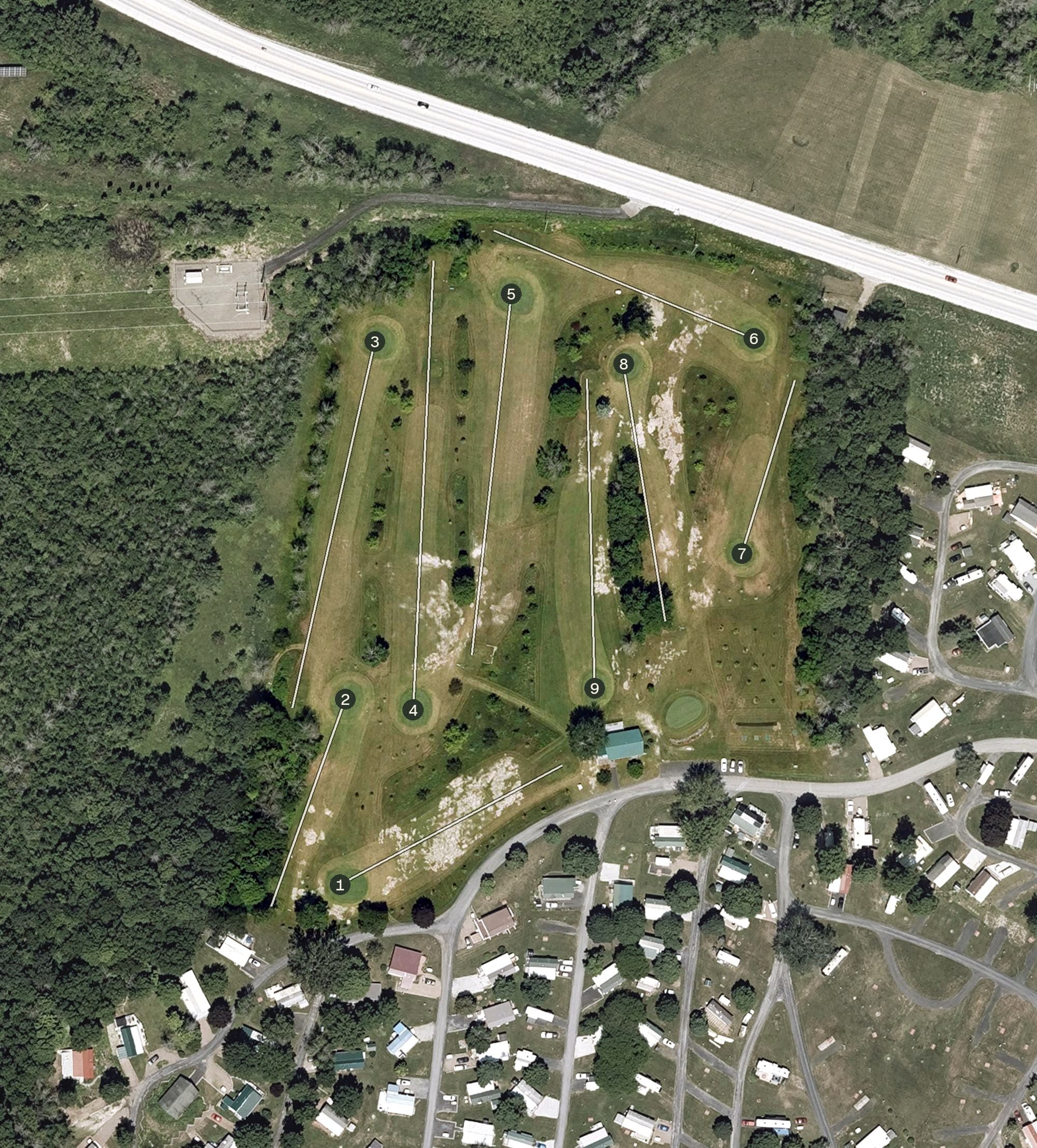 Aerial view of Apple Island Resort Golf Club, VT, with its hole routing marked