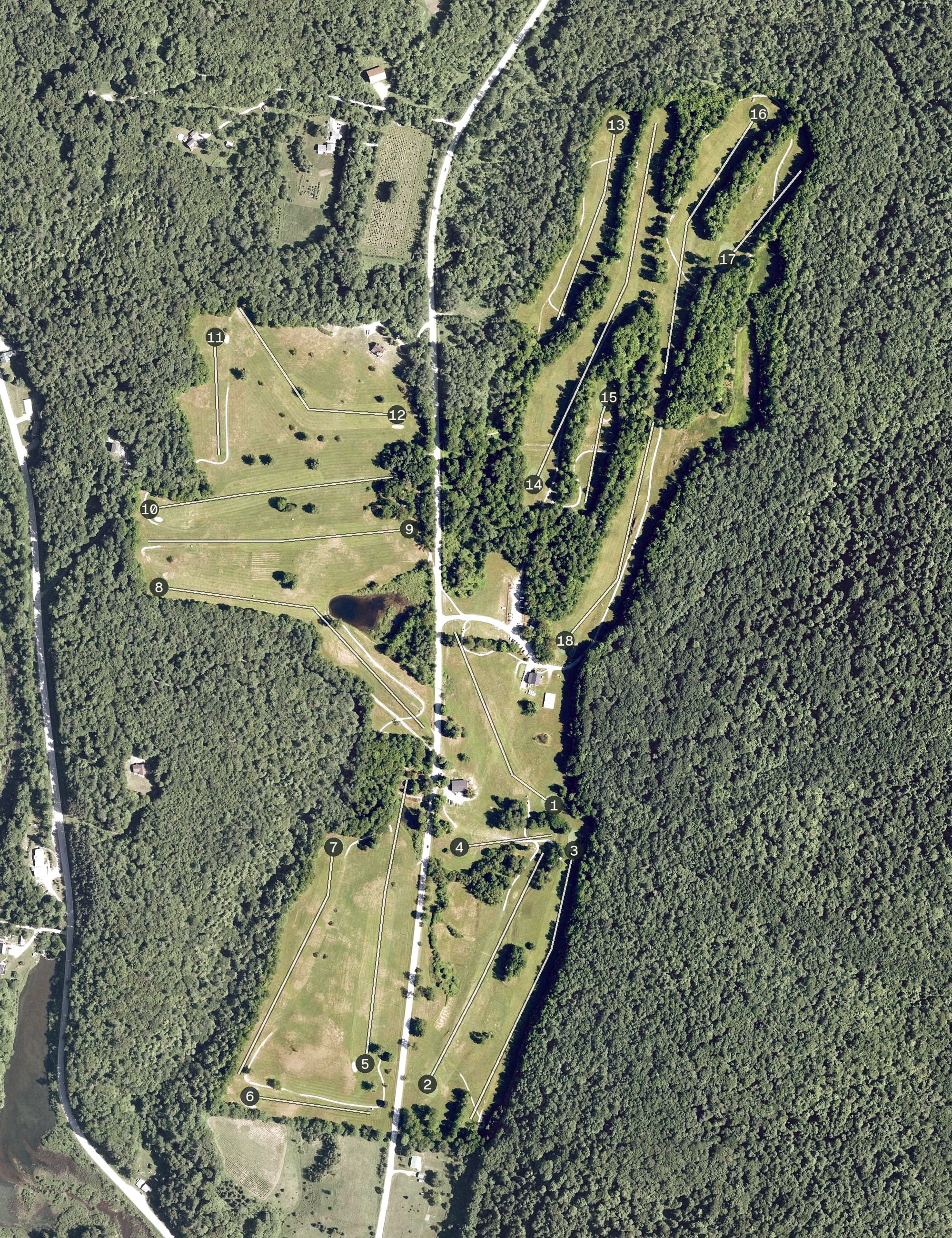Aerial view of Bakersfeild Country Club, VT, with its hole routing marked