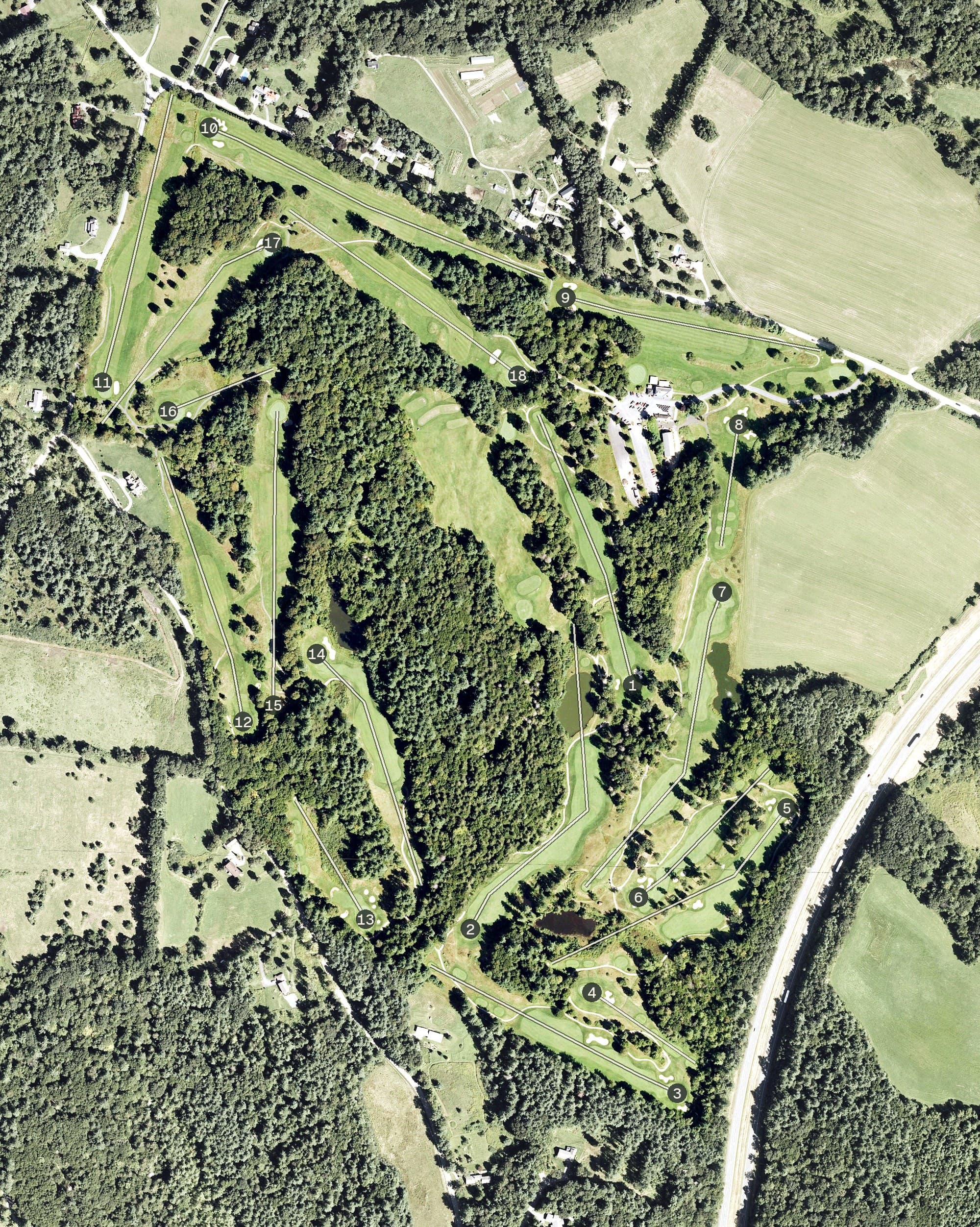 Aerial view of Brattleboro Country Club, VT, with its hole routing marked