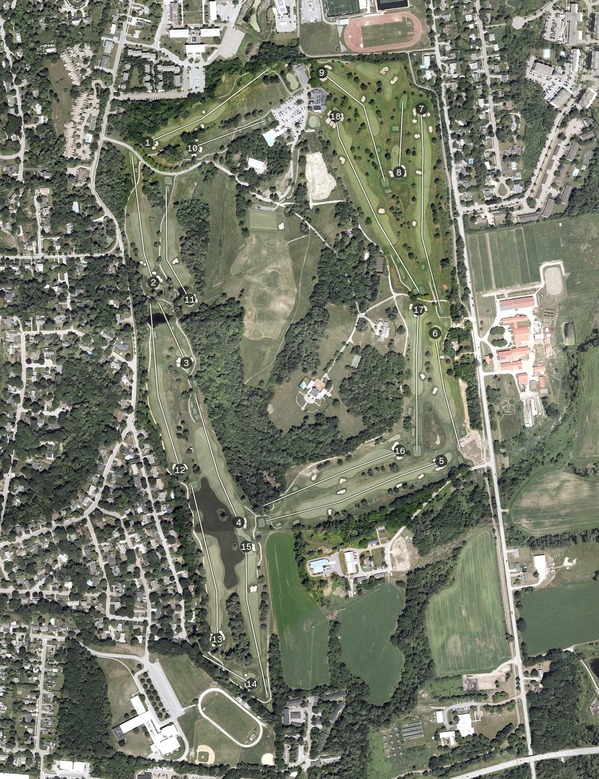Aerial view of Burlington Country Club, VT, with its hole routing marked