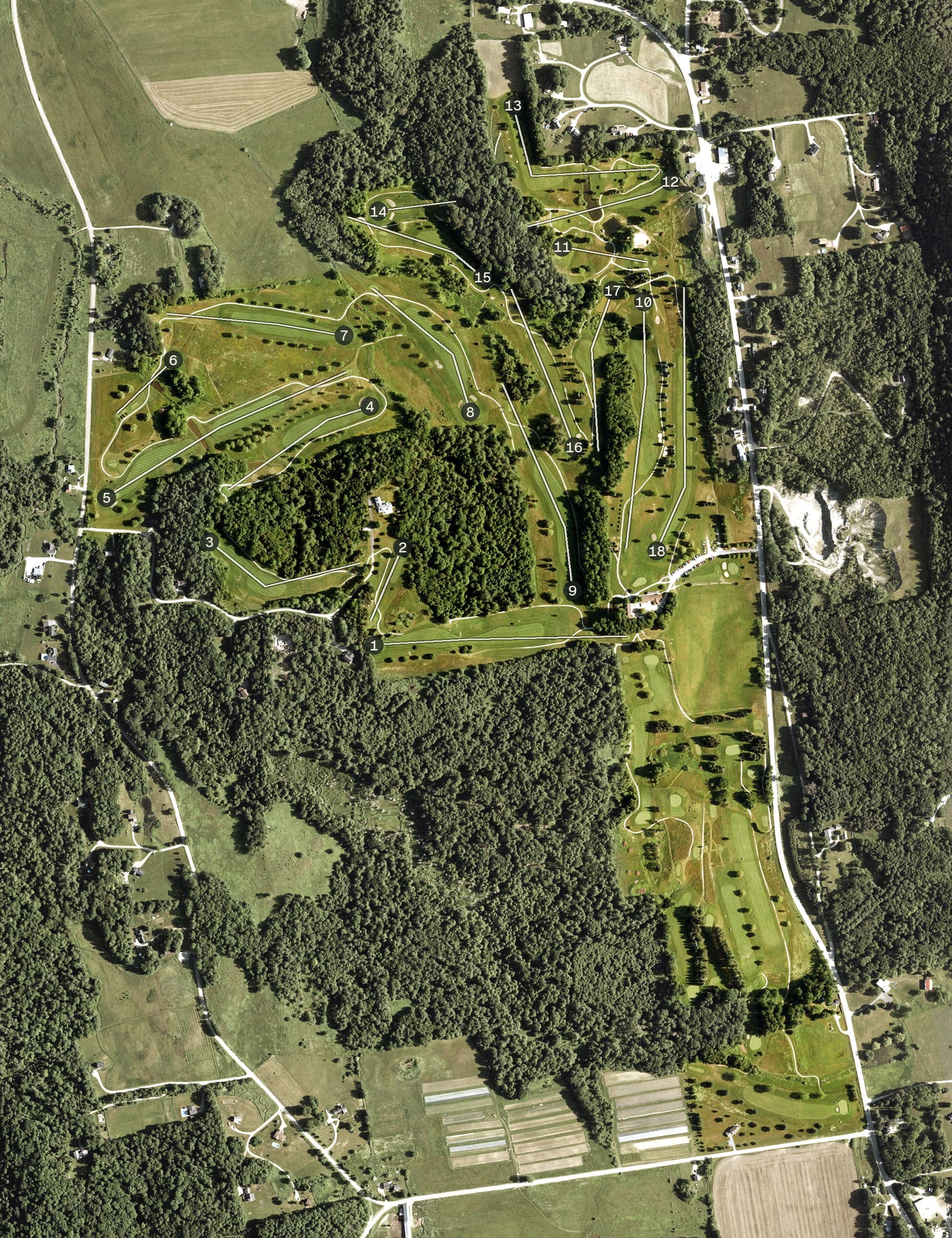 Aerial view of Cedar Knoll Country Club, VT, with its hole routing marked