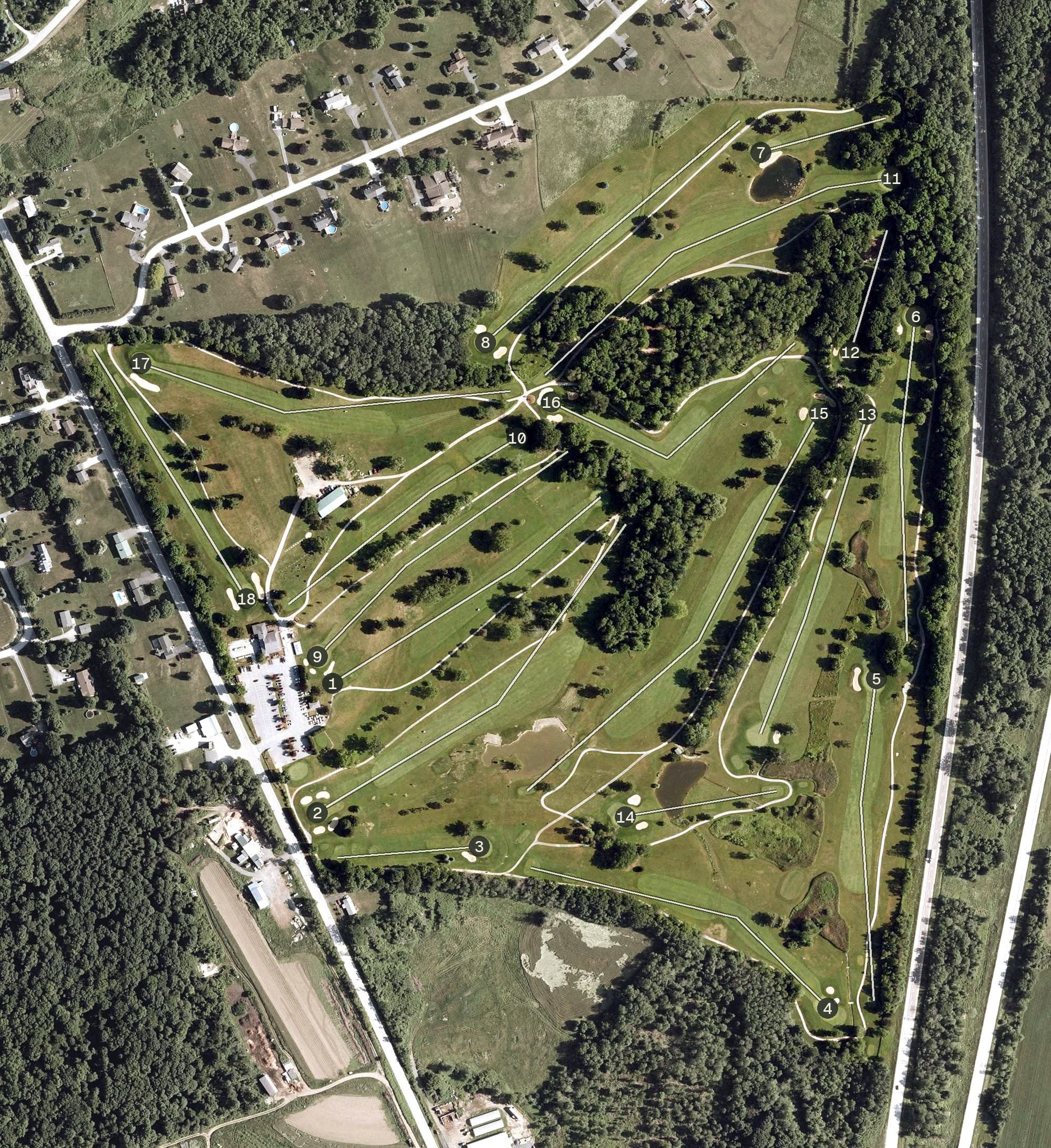 Aerial view of Champlain Country Club, VT, with its hole routing marked
