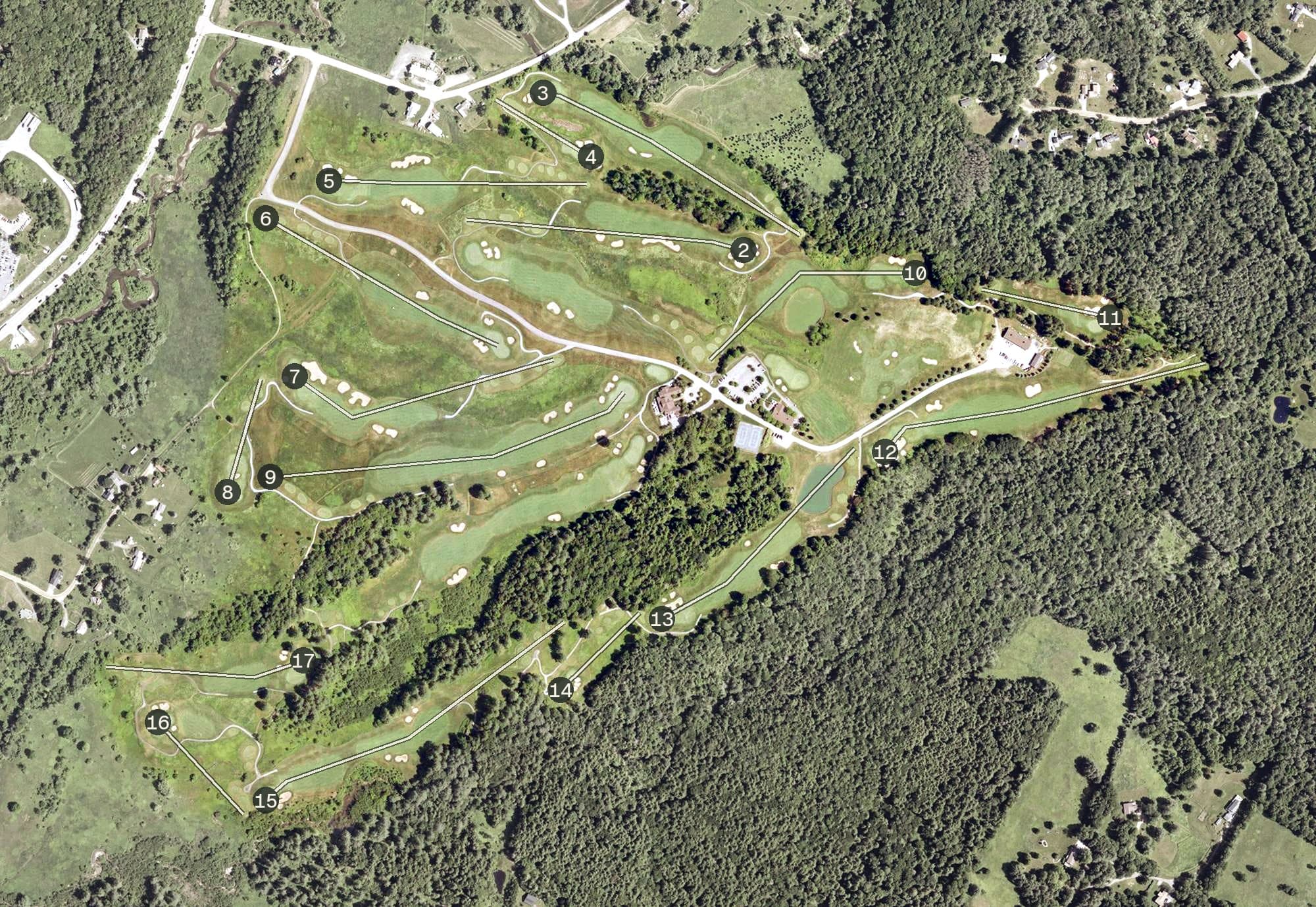 Aerial view of Country Club of Vermont, VT, with its hole routing marked
