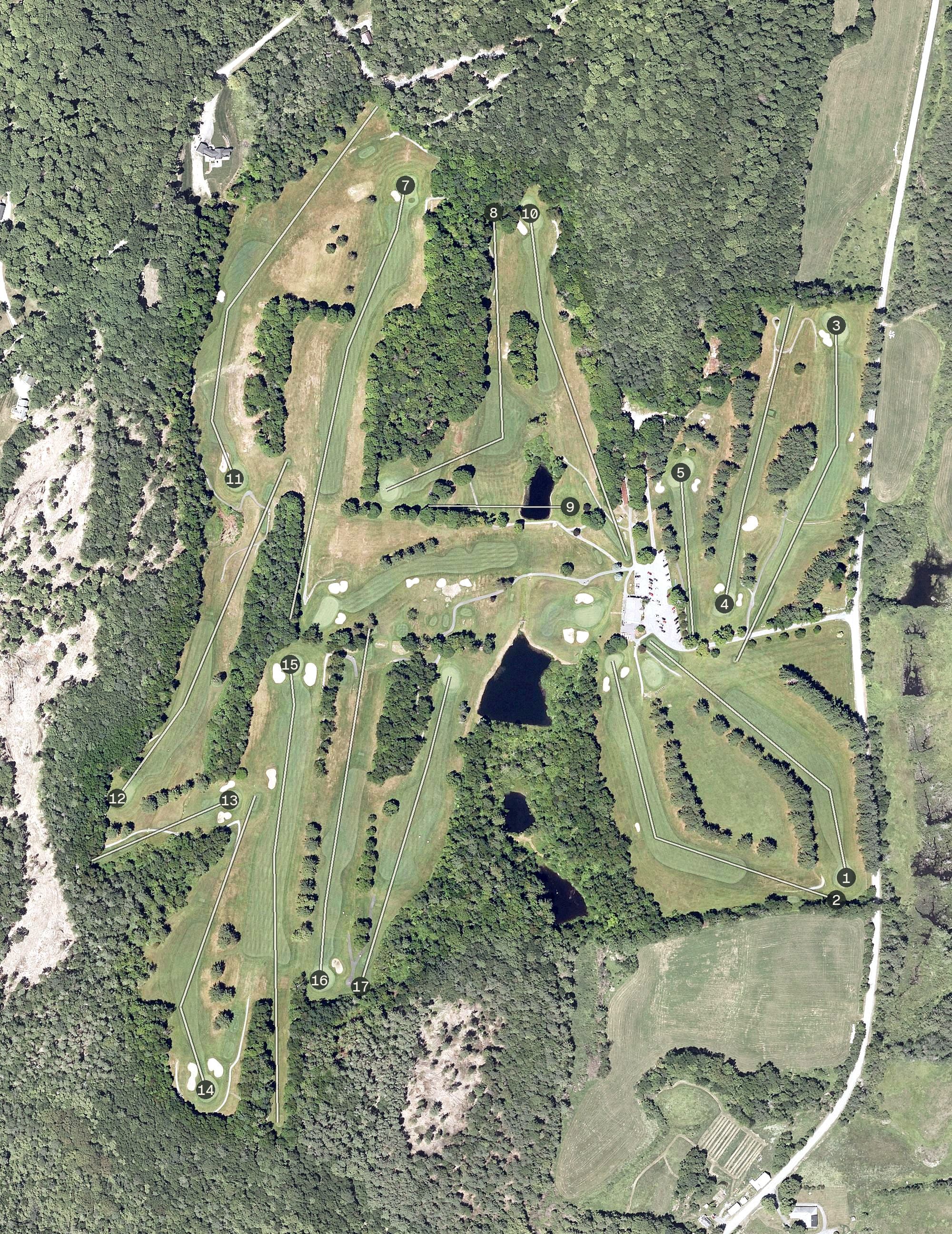 Aerial view of Crown Point Golf Course, VT, with its hole routing marked