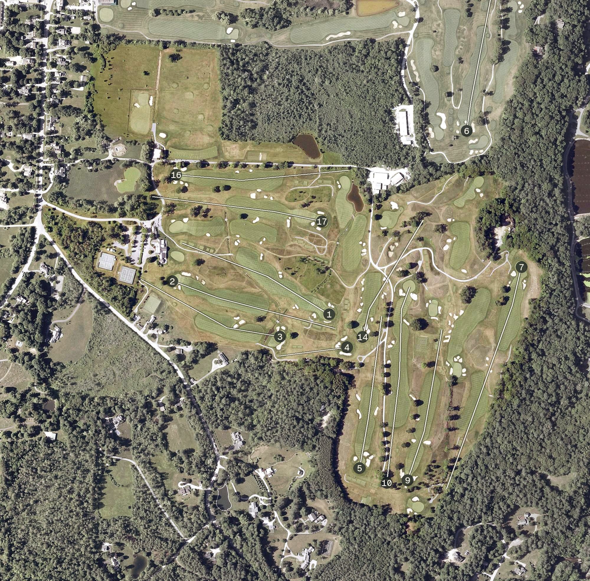 Aerial view of Ekwanok Country Club, VT, with its hole routing marked