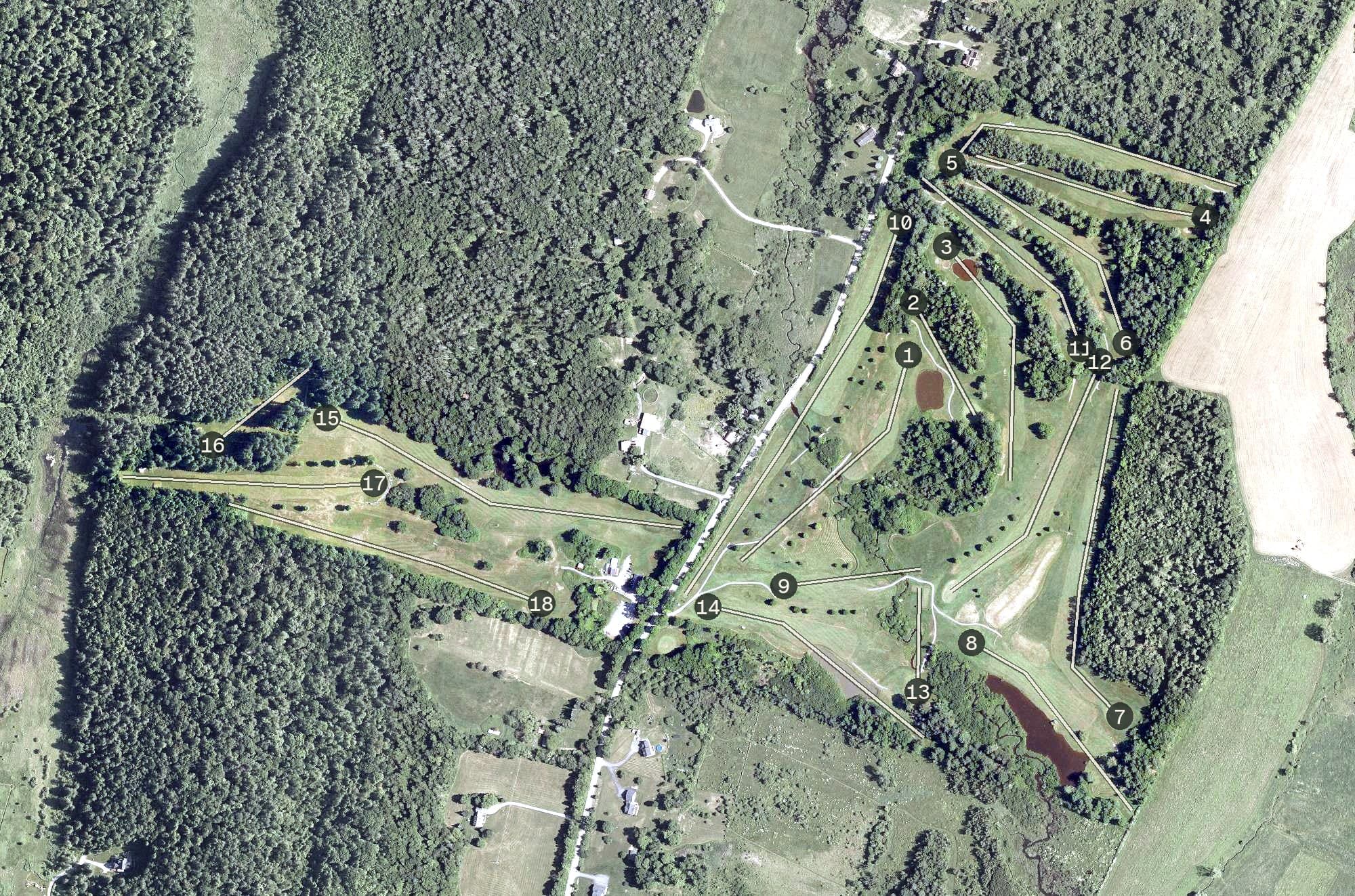 Aerial view of Essex Country Club, VT, with its hole routing marked