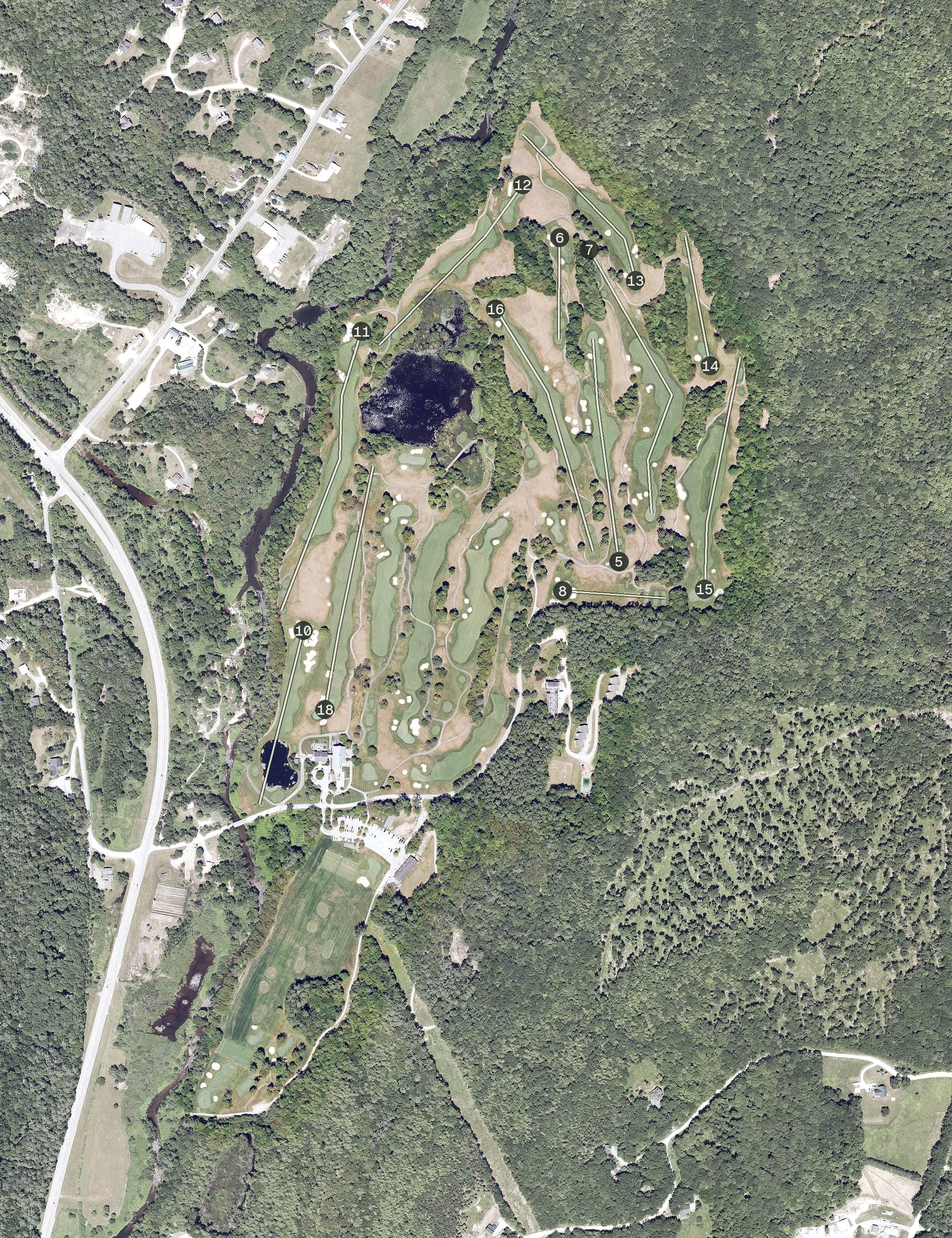 Aerial view of Fox Run Golf Club, VT, with its hole routing marked