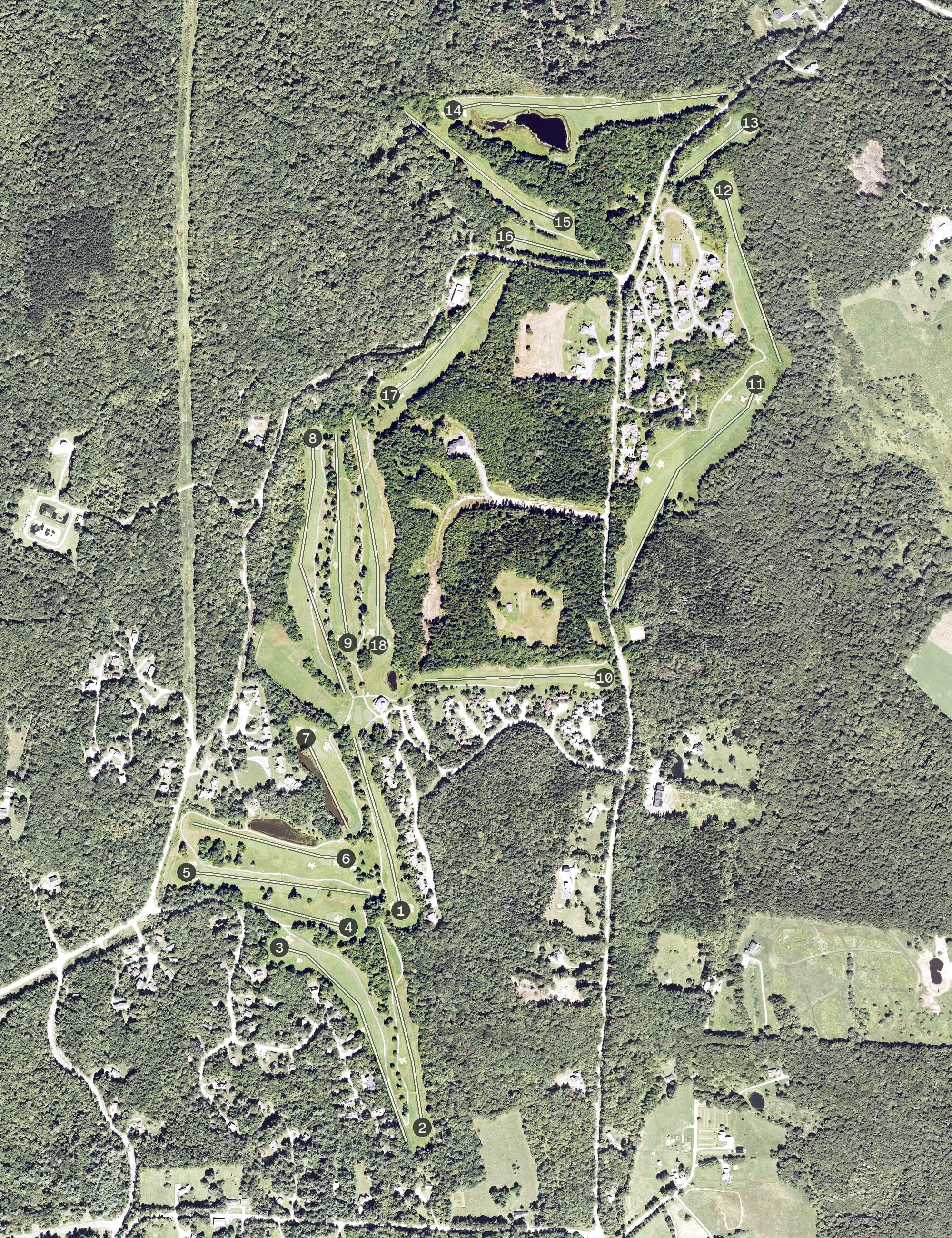 Aerial view of Haystack Golf Course, VT, with its hole routing marked