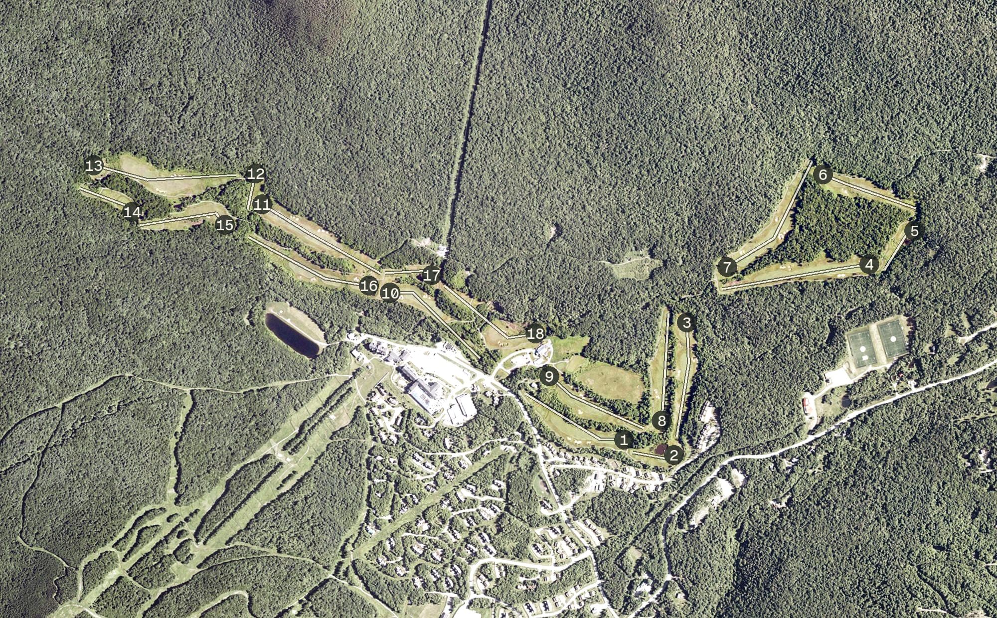 Aerial view of Jay Peak Resort Golf Course, VT, with its hole routing marked
