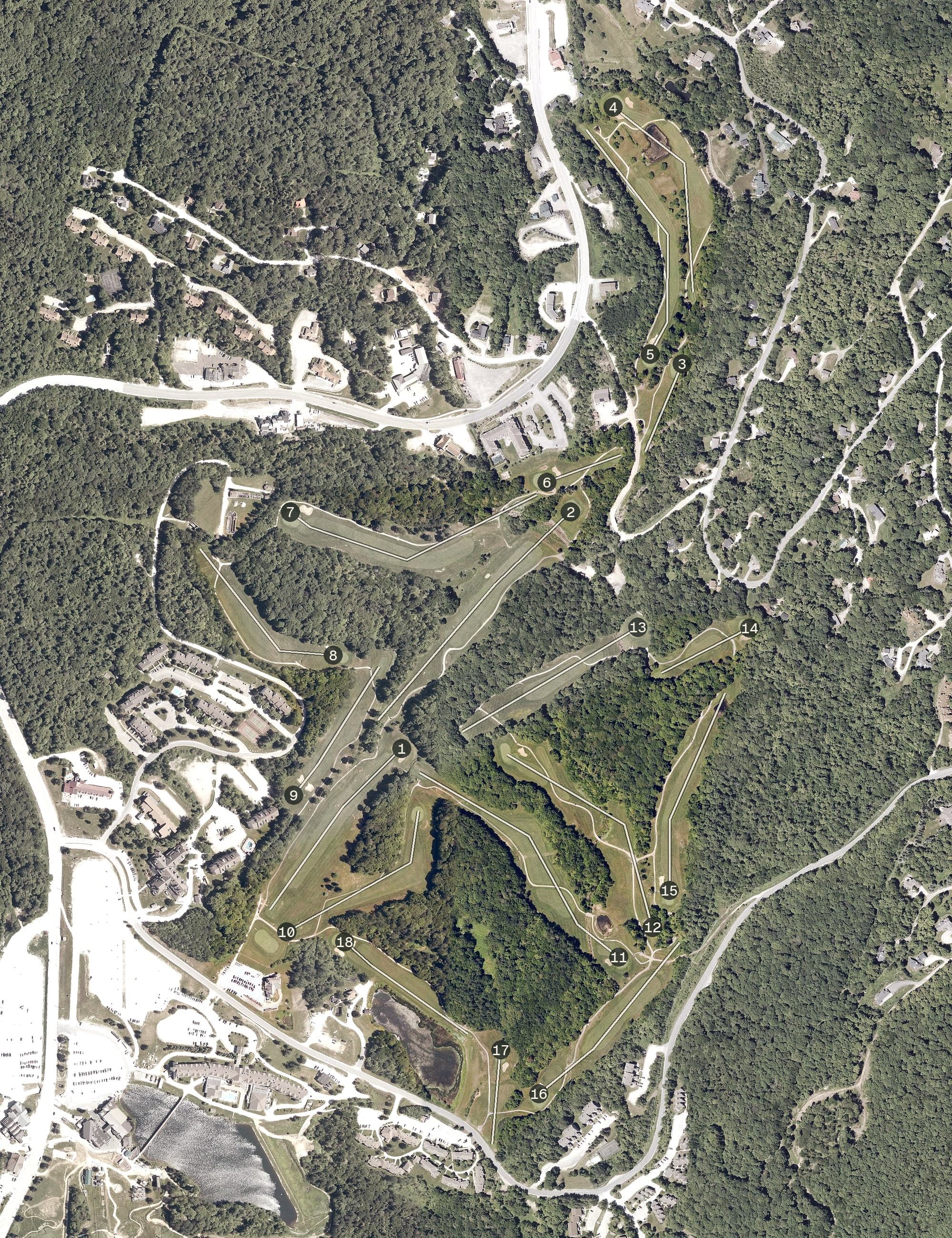 Aerial view of Killington Golf Course, VT, with its hole routing marked